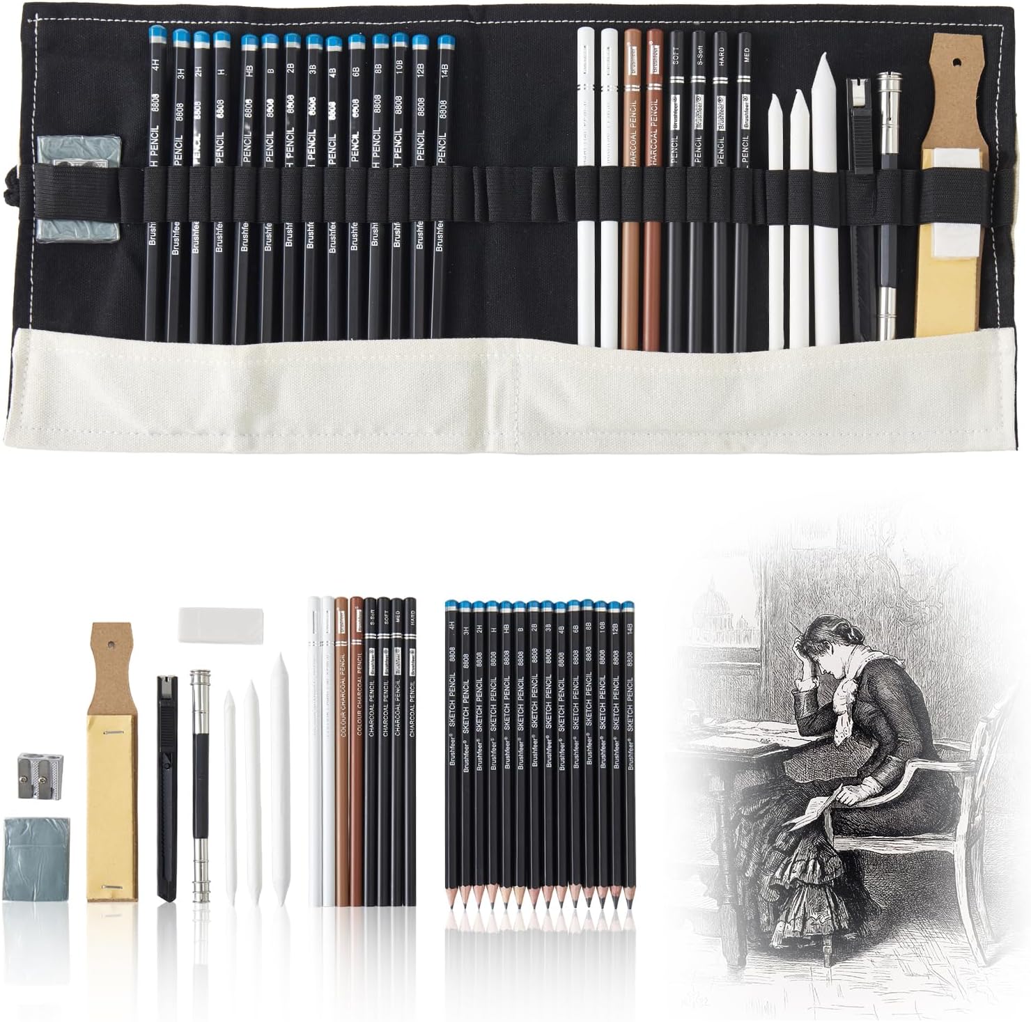 Professional Sketching Pencil Set with Full Hardness Range (3H–14B) – Graphite & Charcoal Pencils with Portable Canvas Pouch