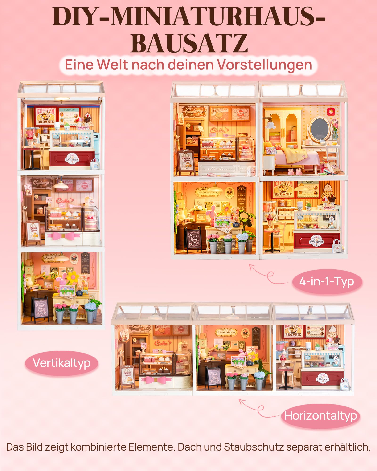 Rolife Super Creator Tasty Cake Shop, DIY Miniature House mit Licht, Ohne Kleber, Niedliche Miniwelt für Erwachsene & Frauen, Kombinierbare Puppenhaus-Deko, Schönes Geschenk für Frauen
