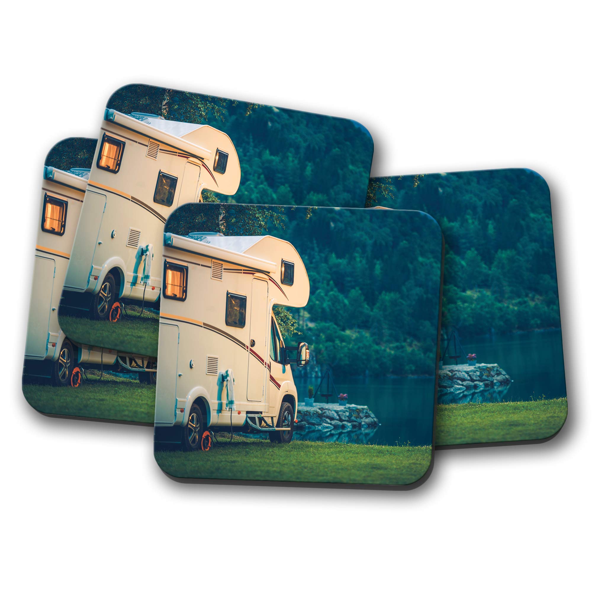 Destination Vinyl Ltd Multicolor 4 Set - Camper Van Coaster - Motorhome Camping Lake Forest Travel #16466