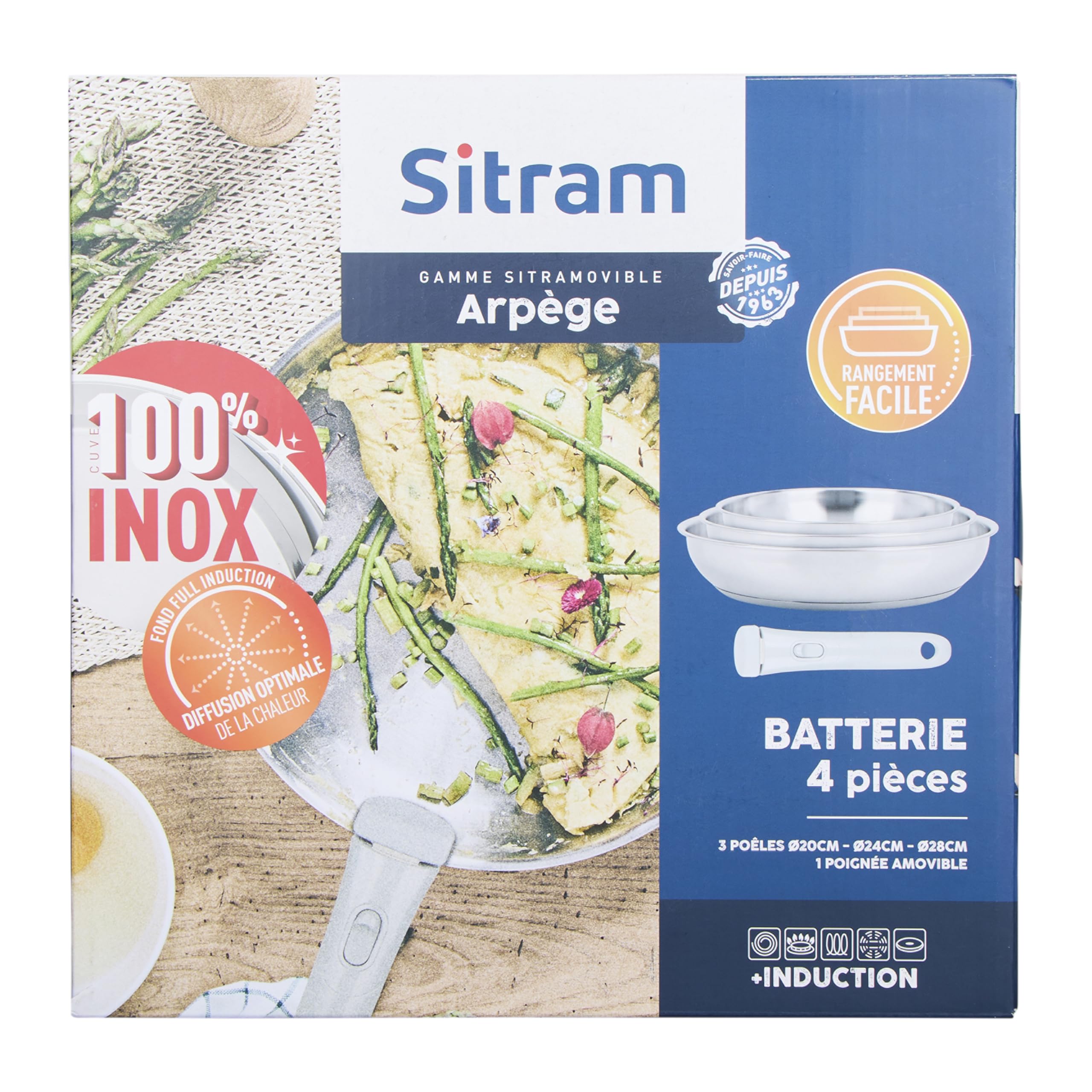 Sitram 716942 Lot de 3 Poêles 100% Acier Inoxydable ARPEGE Ø 20,24,28 cm Ext. Miroir - Cuisine saine car SANS Revêtement Anti-adhésif nocif - manche amovible SITRAMOVIBLE - Tous feux dont Induction