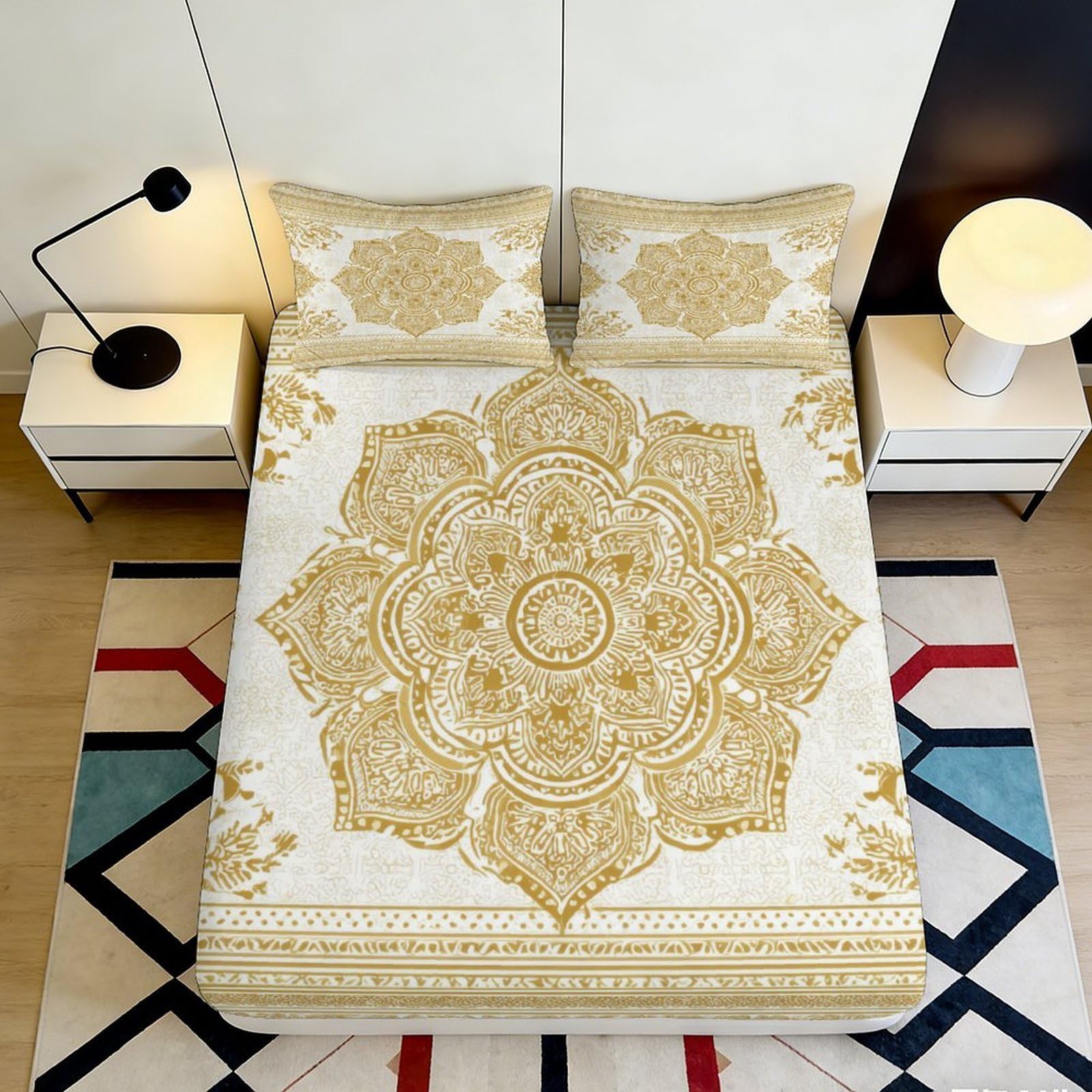 Kzqnxhjprl Style-8 3D Printed Mandala Gold Fitted Sheet Microfiber Soft Patterned Geometric Mattress Cover For Bedroom Guest Room Decor 90X200x25cm
