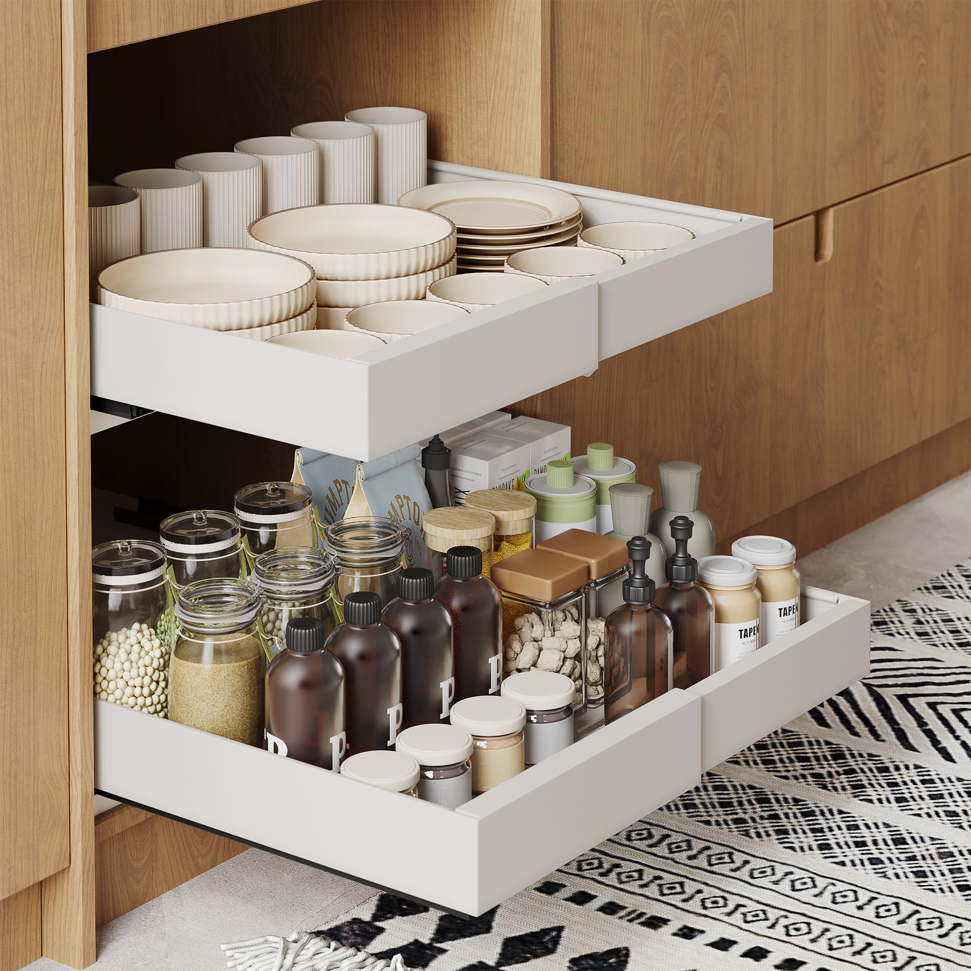 LEIKOSUP Pull Out Cabinet Organizer, Expandable Slide Out Drawers Fixed With Adhesive Nano For Kitchen Cabinets,Pantry and Bathroom Storage, Adjust Width to 12.2