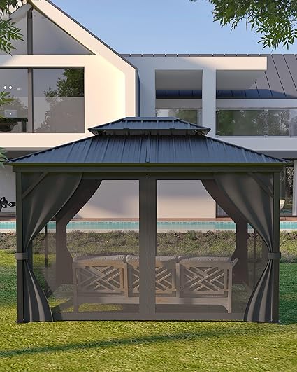 10x12 Ft Hardtop Gazebos with Heavy Duty Double Roof, Nettings and Curtains Galvanized Steel Outdoor Gazebos for Patio, Backyard, Deck, Lawn (Grey)
