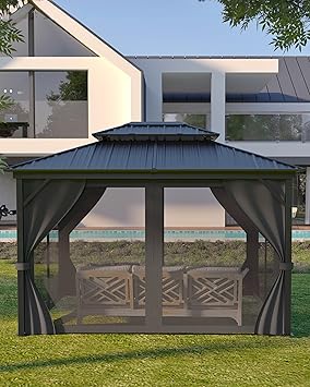 10x12 Ft Hardtop Gazebos with Heavy Duty Double Roof, Nettings and Curtains Galvanized Steel Outdoor Gazebos for Patio, Backyard, Deck, Lawn (Grey)