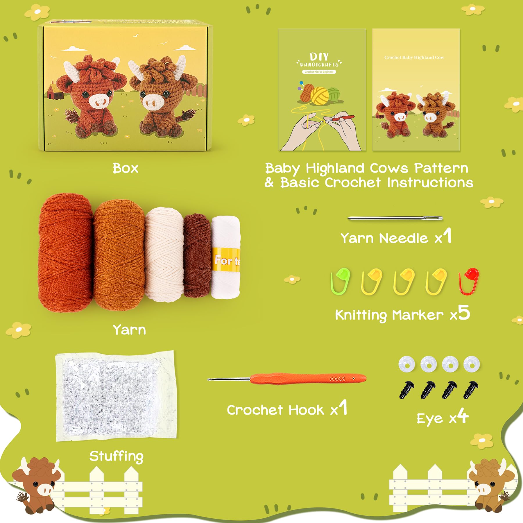 Kit de ganchillo para principiantes, kit de ganchillo de 2 piezas de animales de las tierras altas con tutoriales en video paso a paso, kit de tejido de animales de peluche de ganchillo, kit de