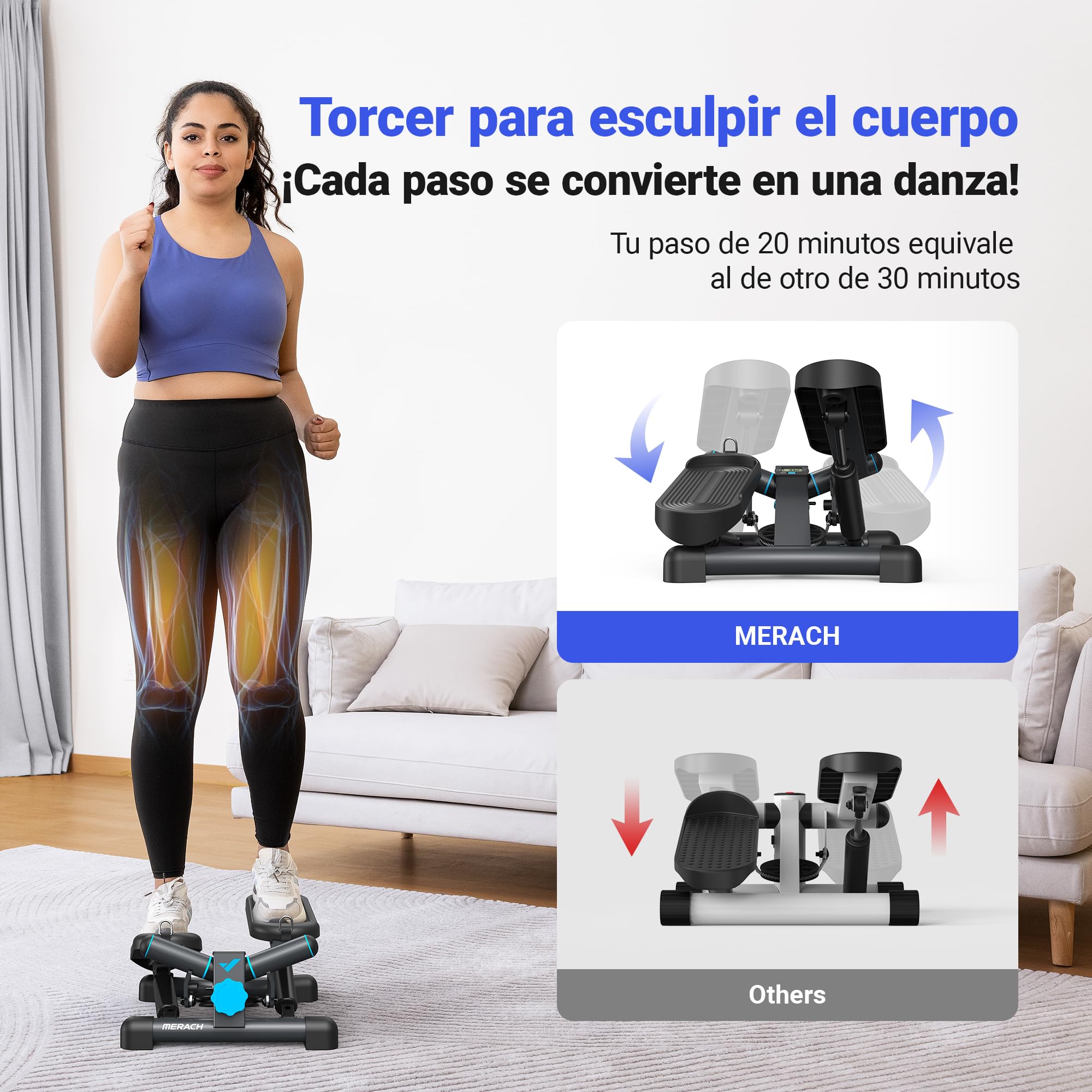 MERACH Stepper 2 en 1 para el Hogar, Silencioso, Mini Stepper de 150 kg, con Monitor LCD, Escalón de Balanceo hacia Abajo con Power Ropes para Entrenamiento de Pierna/Brazo/Glúteos, Home Office