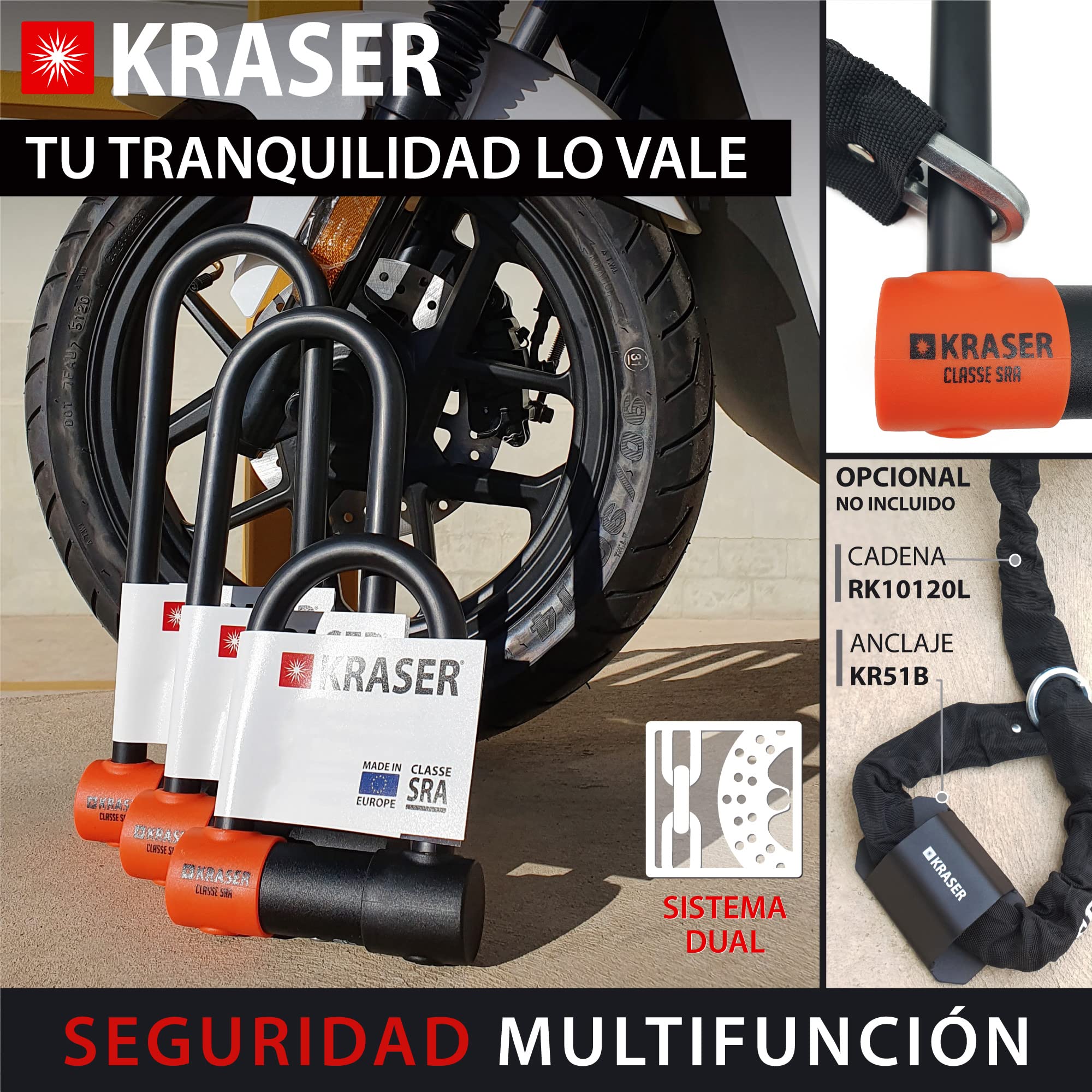 KRASER KR85L Robusto Candado Moto U Bloqueo, Homologado SRA, Alta Seguridad Testada, Arco 85x300mm ø18mm Doble Cierre, Cerradura Antiganzua, Antirrobo U Lock para Motocicleta, Scooter, Bici Eléctrica
