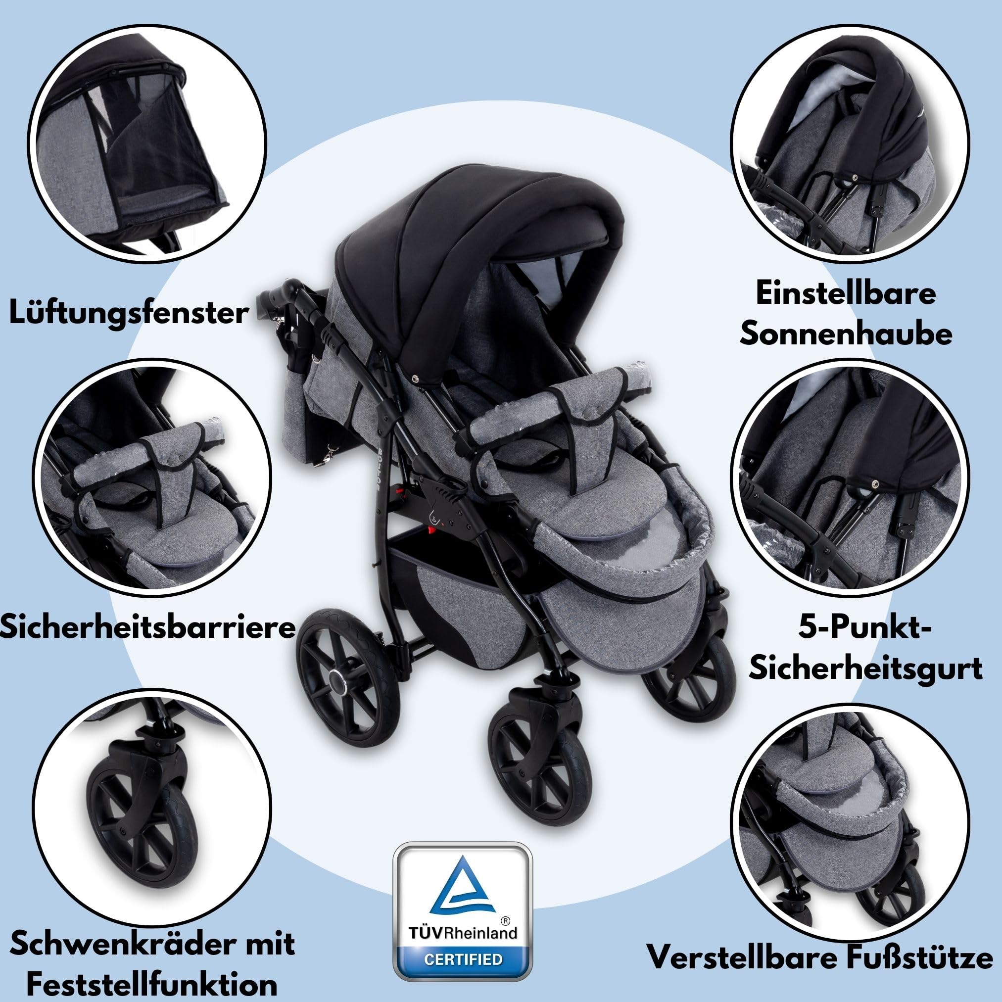GaGaDumi Boston 3 en 1 Cochecito para Bebé con Silla de Auto - Carrito de Bebé Completo con Ruedas Grandes, Bolso y Accesorios Incluidos - Homologado TÜV Negro