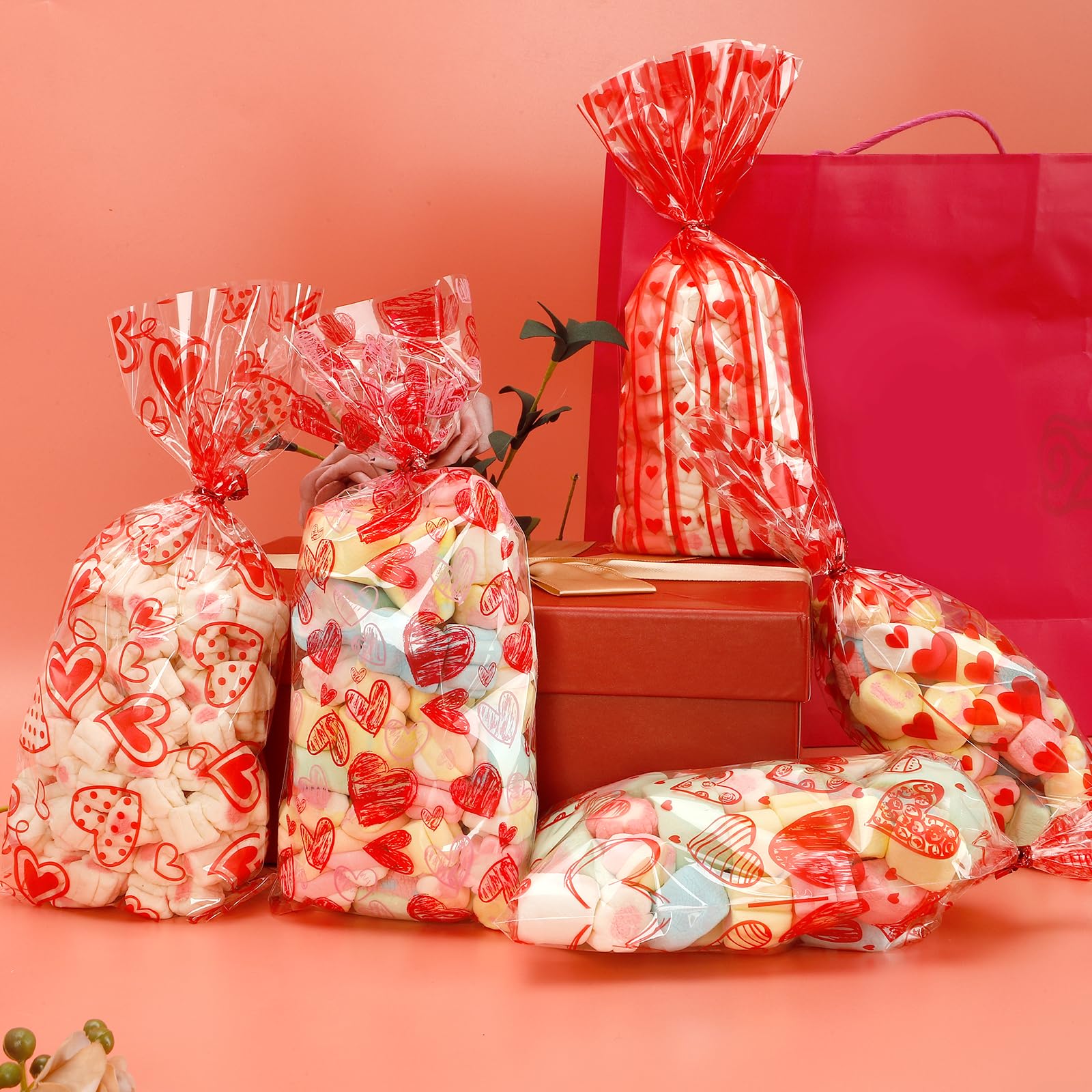 Valentine Treat Bags, 100 Pcs Valentines Cellophane Bags, Plastic Clear Red Valentine Candy Cookie Gift Goodie Snack Bag with 100 Pcs Twist Ties for Valentines Wedding Party Favor Supplies, 5 Styles