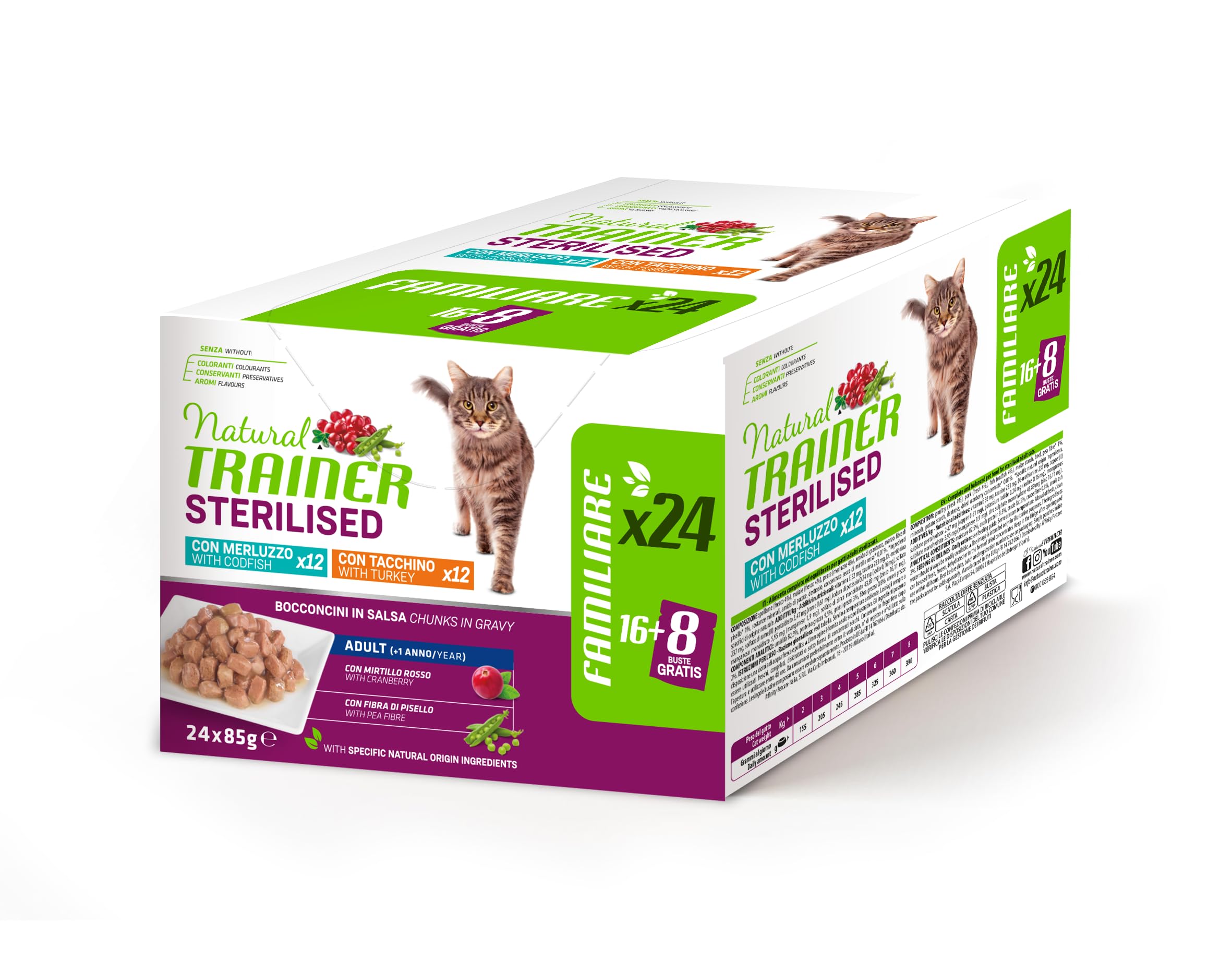 Natural Trainer Cibo Umido per Gatti Adulti Sterilizzati, Multipack Tacchino e Merluzzo, 24 x 85 g