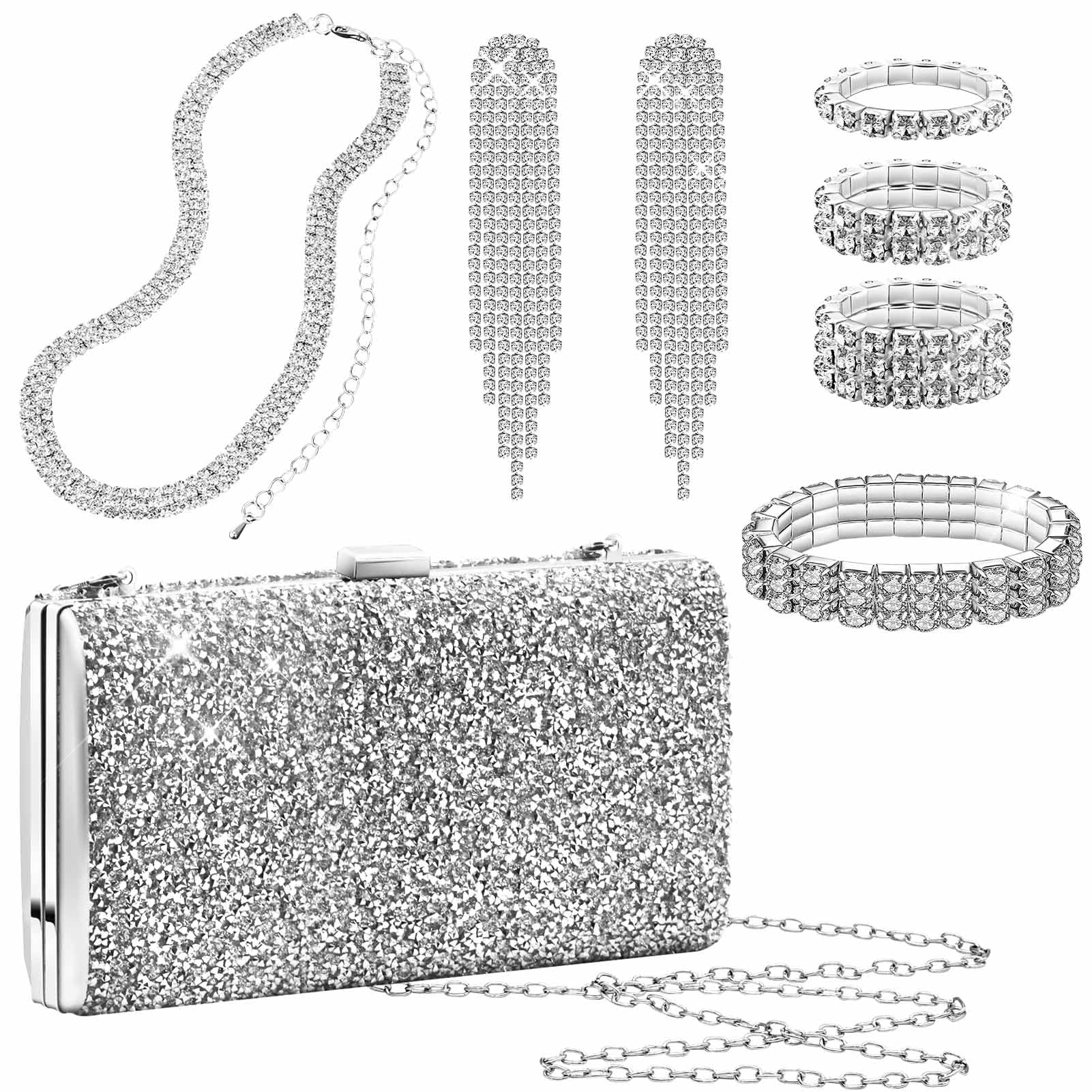 Kucheed 5 Piezas Conjuntos de Joyas con Monedero para Mujer, Purpurina Bolso de Mano de Noche Collar de Diamantes de Imitación Pulsera de Plata, Pendientes Colgantes de Cristal con Flecos para Boda