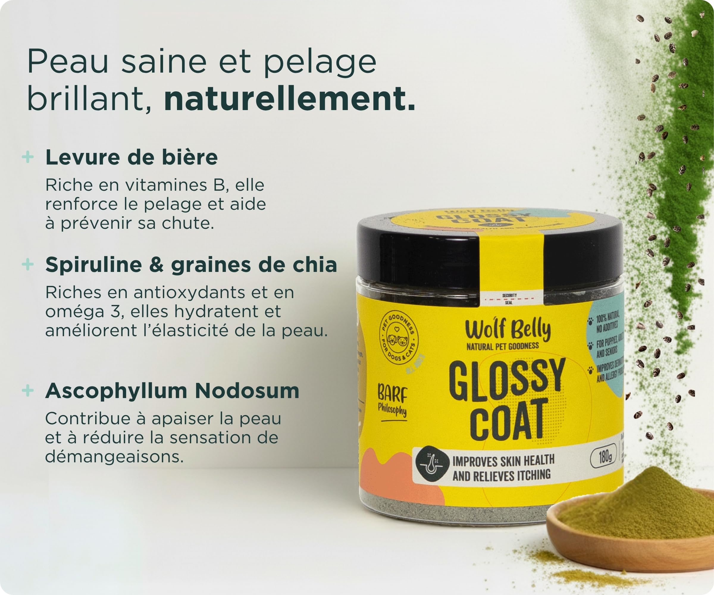 Wolf Belly - Pack Complément Peau et Hygiène Dentaire 100% Naturel (180g) | Anti tartre + Anti demangeaison | pour Chiens et Chats | Format Poudre - Fabriqué en UE