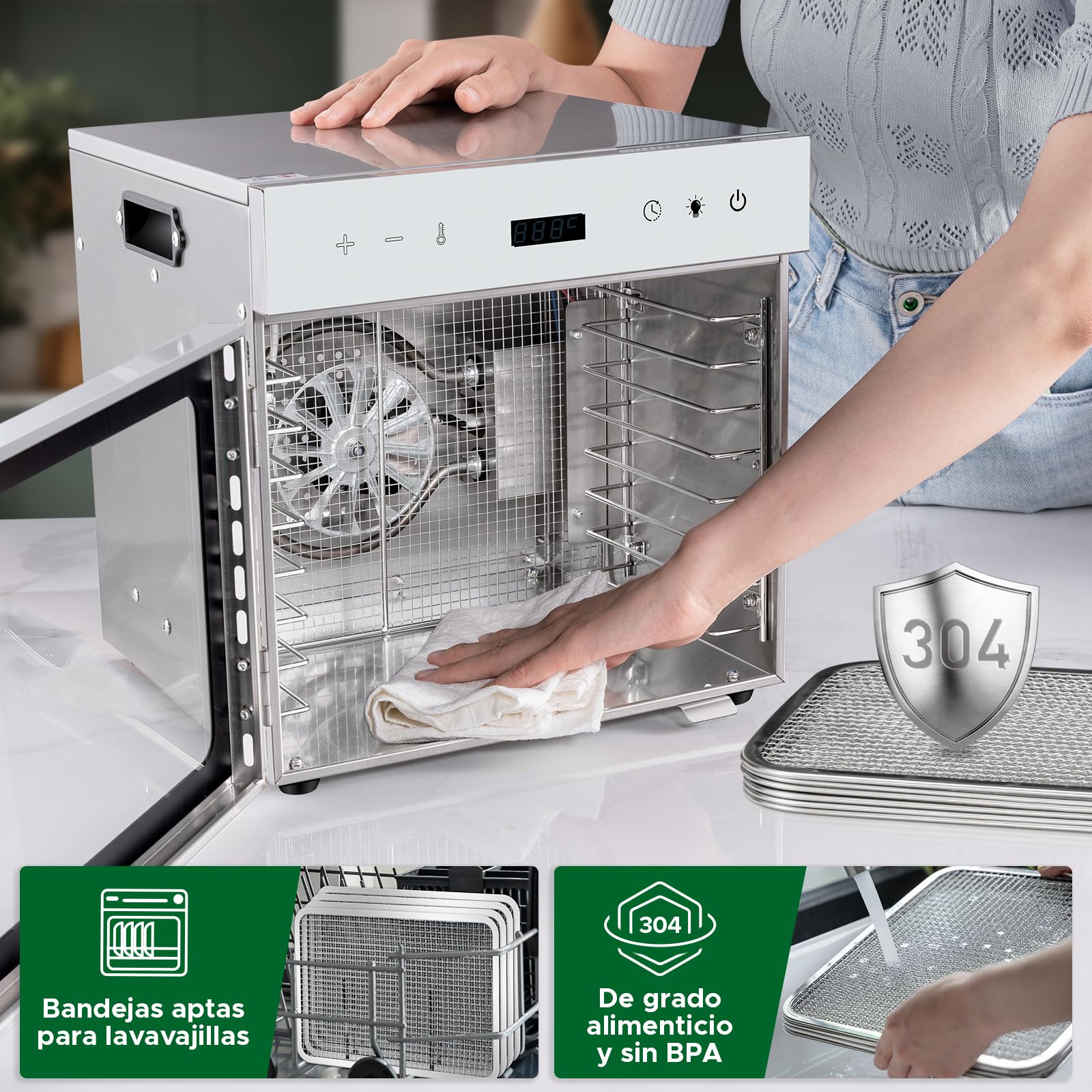 Kwasyo 8 Bandejas Deshidratador de Alimentos, Recetas Temperatura Ajustable 30-90℃, Acero Inoxidable Completo, Temporizador de 24 horas, Deshidratadora de Frutas, BPA Free