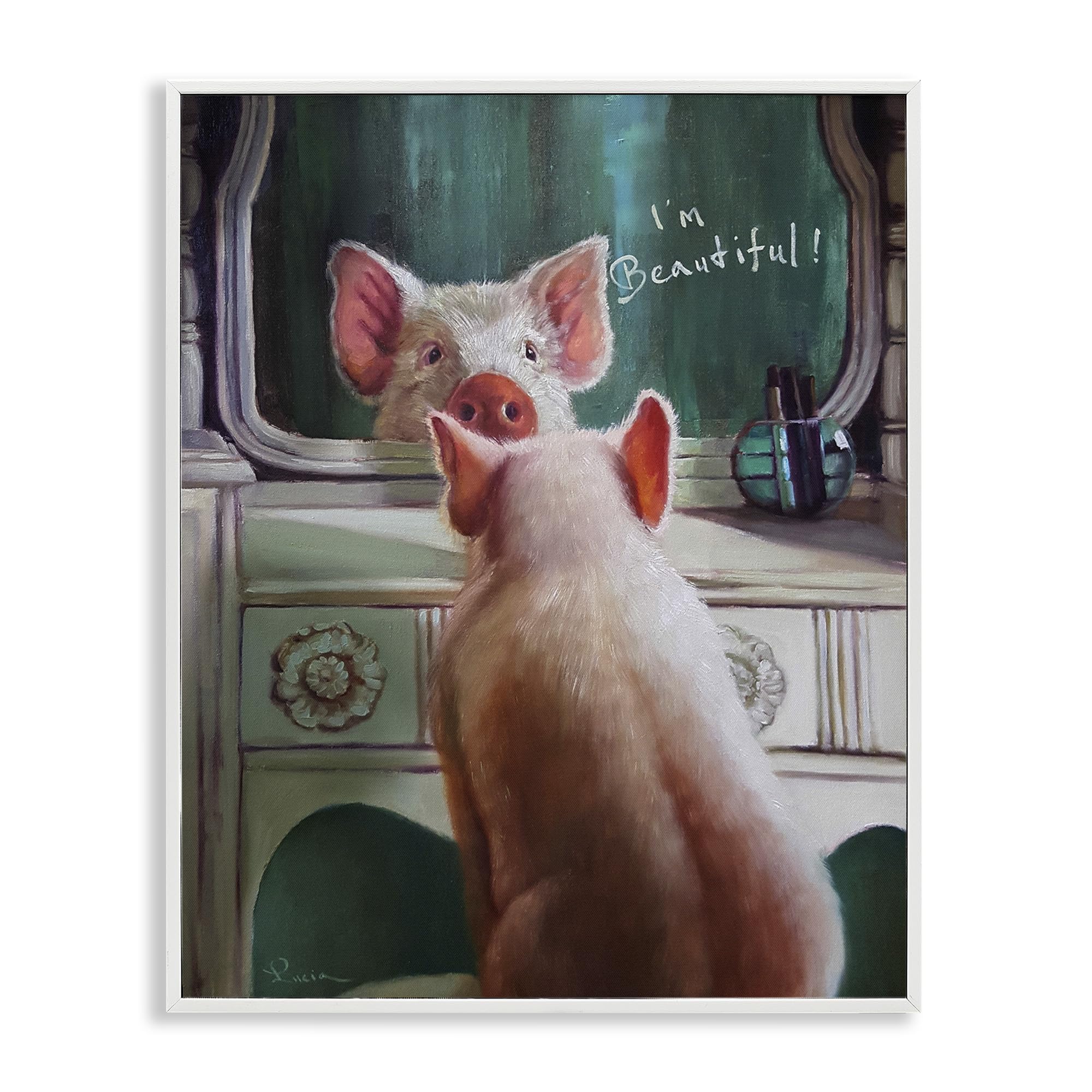Stupell Industries I'm Beautiful Painted Pig in Mirror Illustration, Design by Lucia Heffernan Wall Art, 24x30, Green