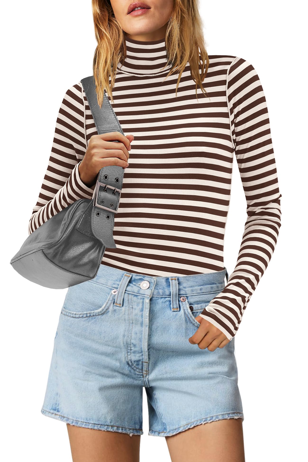 SENSERISE Camiseta de manga larga a rayas para mujer, cuello alto, acanalada, ajustada, ligera, para mujer