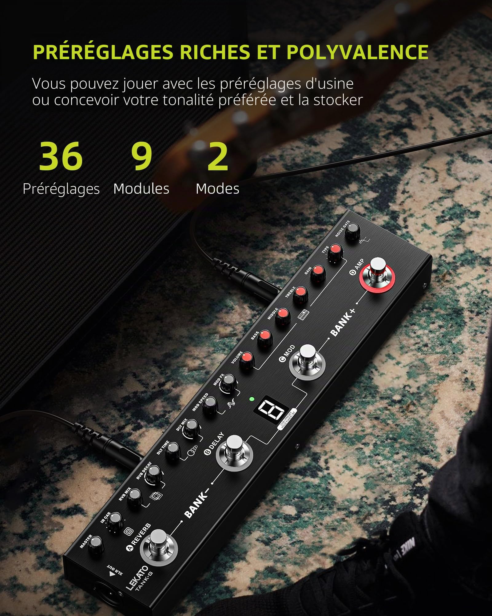 LEKATO Pédale de guitare multi-effets, 36 préréglages modifiables, chœur, retard, reverbe, MOD, recharge IR, enregistrement, tuner, batterie intégrée, connexion BT (guitare électrique)
