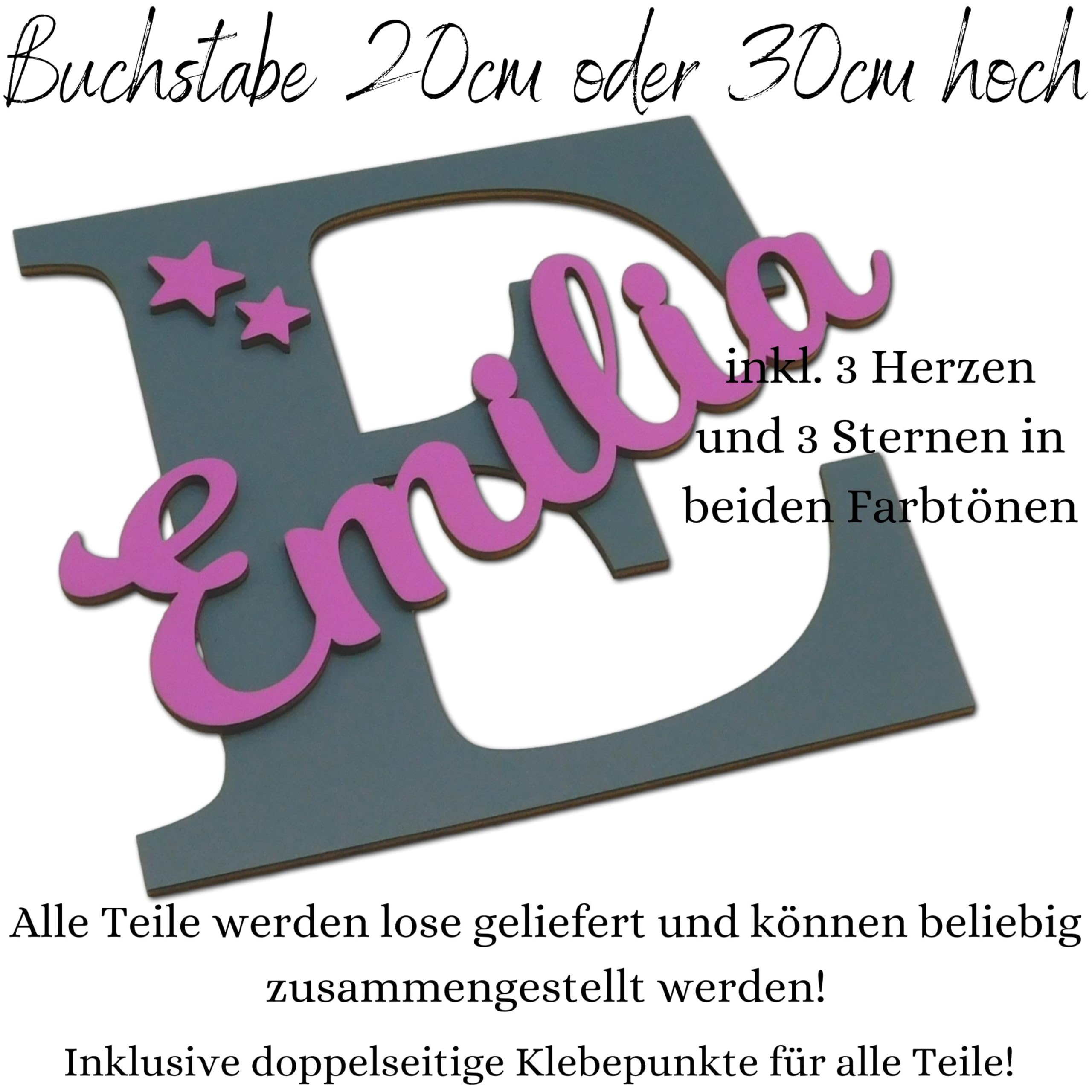 Traumwelten-Zimmermann Personalisierter XXL Holzbuchstabe mit Namen – Türschild für Kinderzimmer | Geschenk zur Geburt Taufe oder Geburtstag | Wanddeko aus Holz inkl. Klebepads Sterne & Herzen