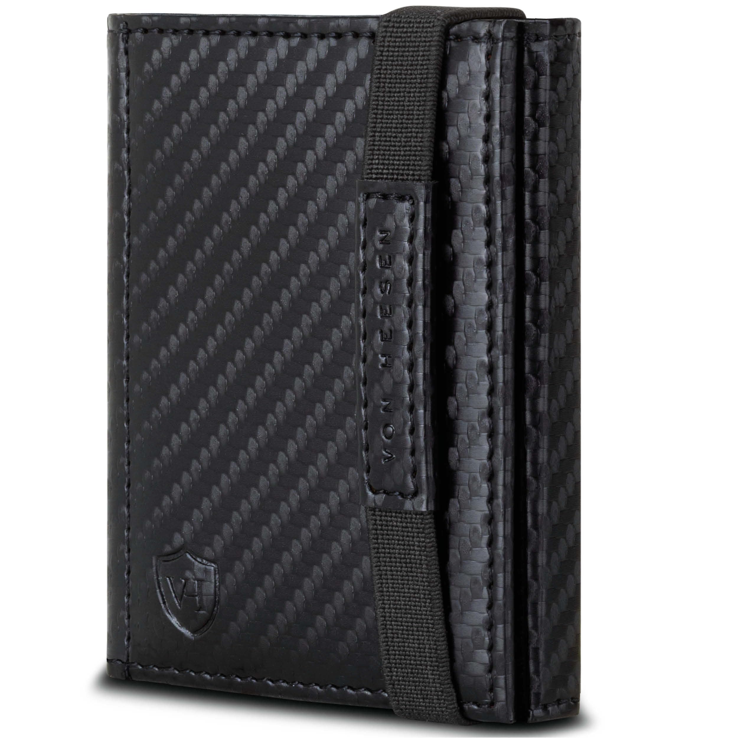 VON HEESEN Slim Wallet mit Münzfach & RFID-Schutz - Mini Geldbörse Herren & Damen - Kartenetui Kreditkartenetui - Portmonee Geldbeutel Portemonnaie klein Carbon-Schwarz