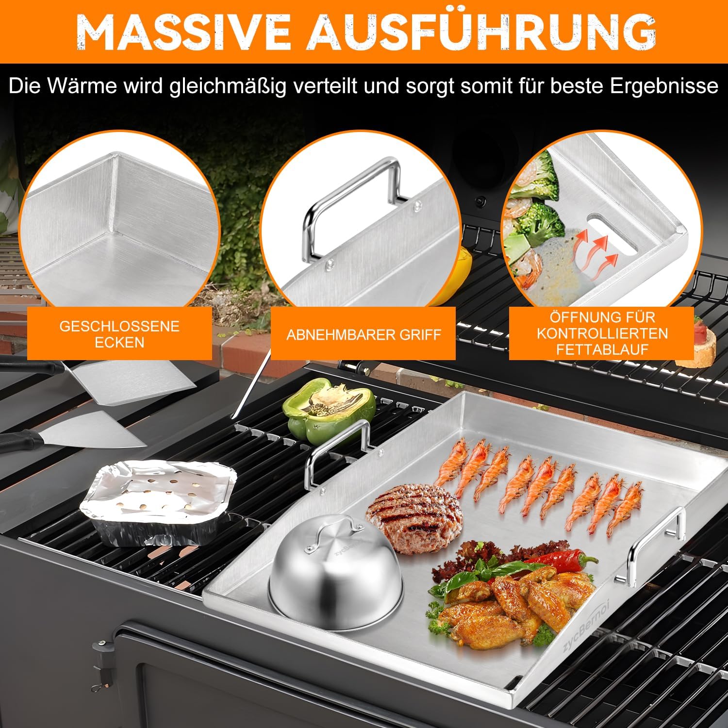 Premium Plancha Grillplatte Set - 40 x 30 cm - Grillplatte für BBQ Gasgrill & Kohlegrill - 4mm Dicke Plancha Gasgrill - Edelstahl mit 2 Burgerglocke & Grillspachtel Set