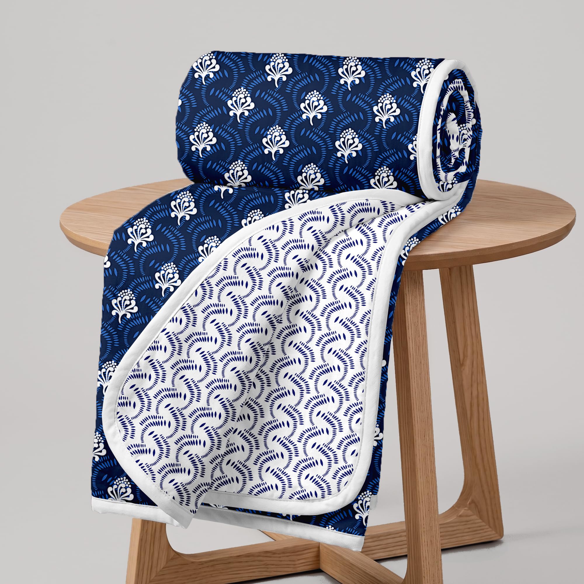 Divine Casa 120 GSM Microfiber Double Dohar | Soft & Lightweight Throw Blanket | Cozy & Breathable | All-Season Comfort | 220 x 205 CM | Floral Pattern | Medieval Blue & White