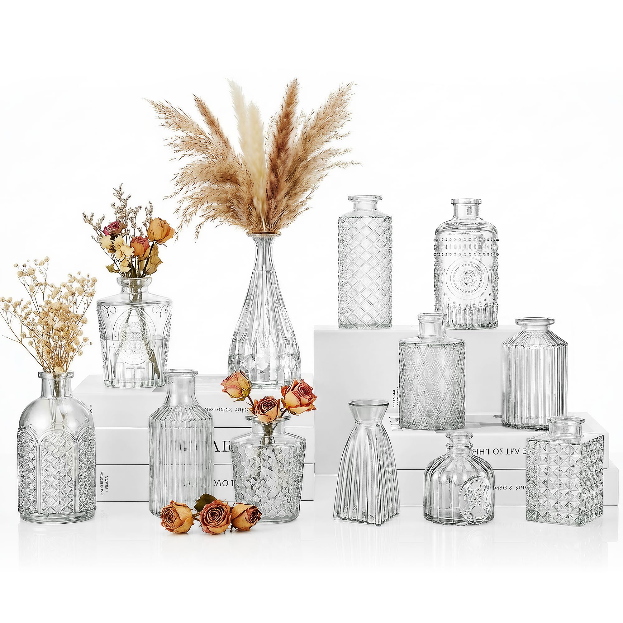 Photo 1 of 12 Pcs Clear Bud Vases Set, Small Vintage Glass Clear Bud Flower Vases Bulk Multiple Shape Cute Mini Glass Bottles Vases for Rustic Wedding Centerpieces Table Decorations and Home Decor
