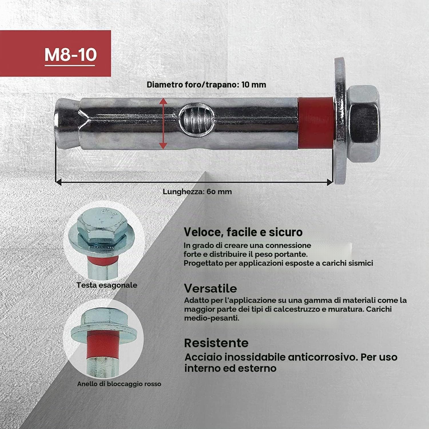BULLONI ESPANSIONE M8-10 10 Pezzi Acciaio Galvanizzato Tasselli Muro Cemento Armato