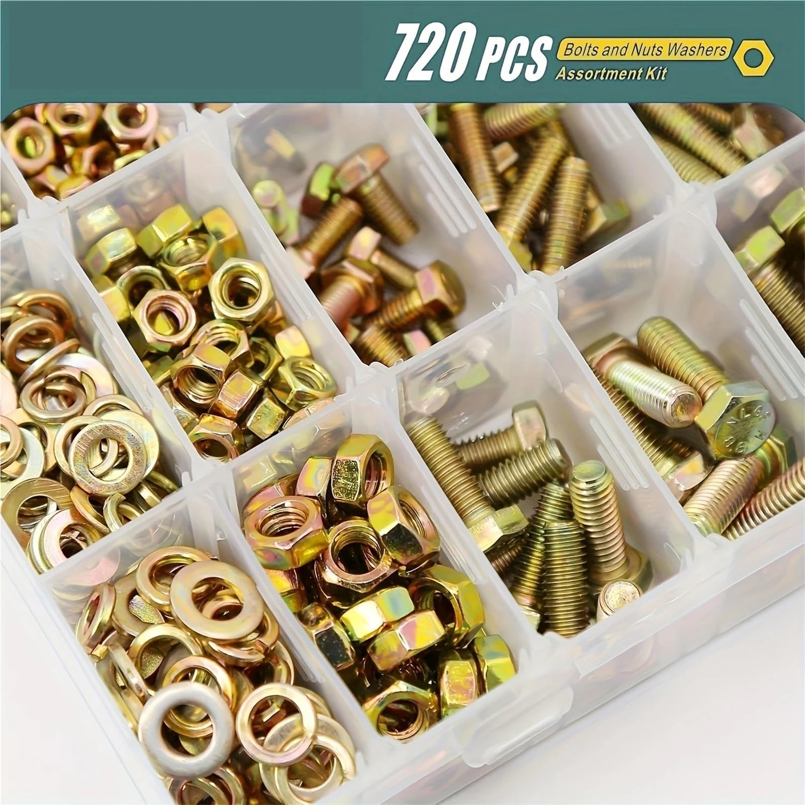 Ensemble de Boulons et Écrous Assortiment de 720 boulons et écrous M4, M5 M6, en acier allié grade 8., vis hexagonales, rondelles, 15 tailles standard incluses