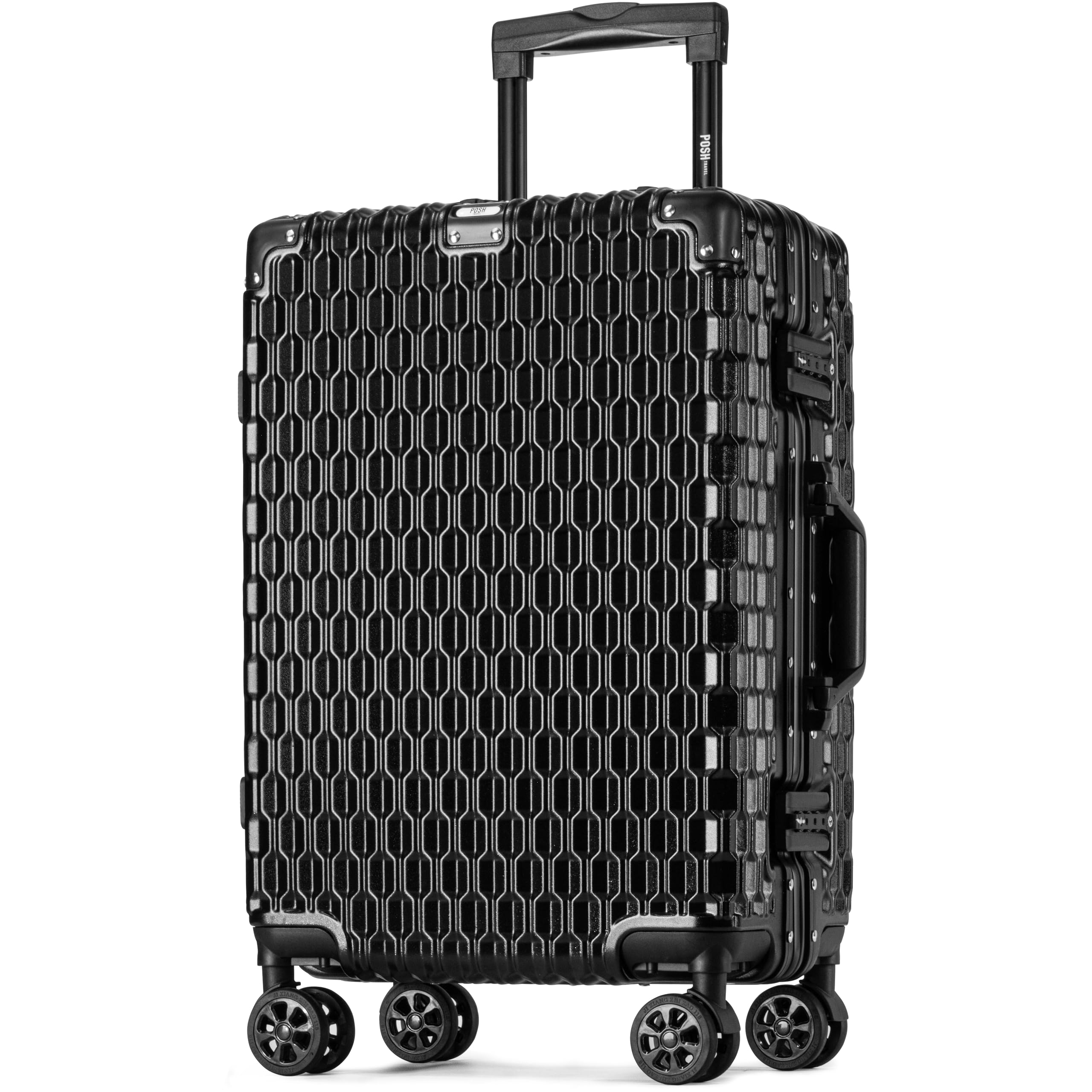 POSH Walizka twarda – walizka z poliwęglanu z aluminiową ramą i zamkami TSA, M, L, XL, walizka podróżna 60, 70, 80 cm, cicha praca, podwójne kółka 360 stopni, czarny, M, Twarda walizka z poliwęglanu