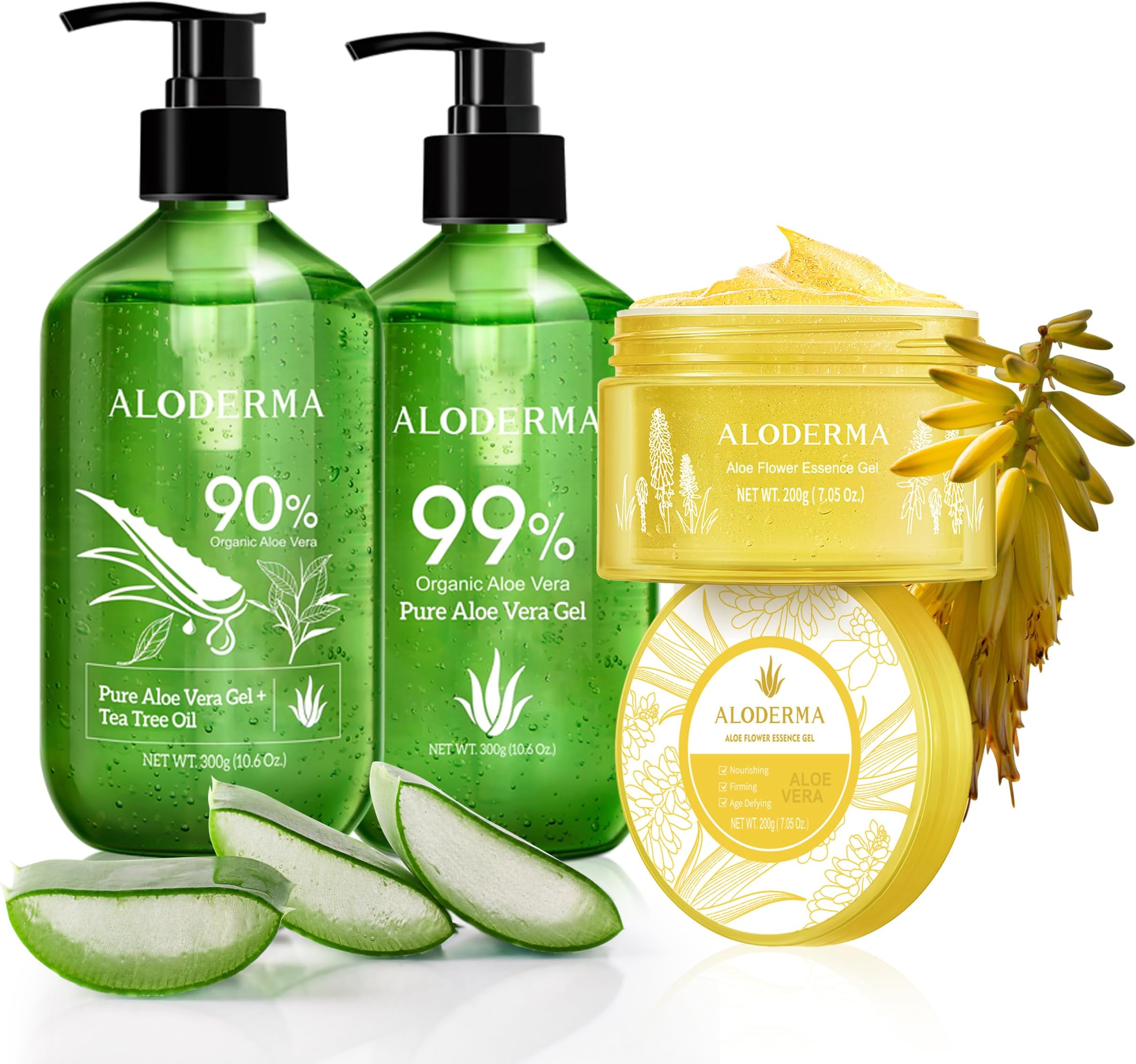 AlodermaAloe Vera Gel Set 3 Pack - Aloe Flower Essence Gel, Pure Aloe Vera Gel, Aloe Vera Gel + Tea Tree Oil