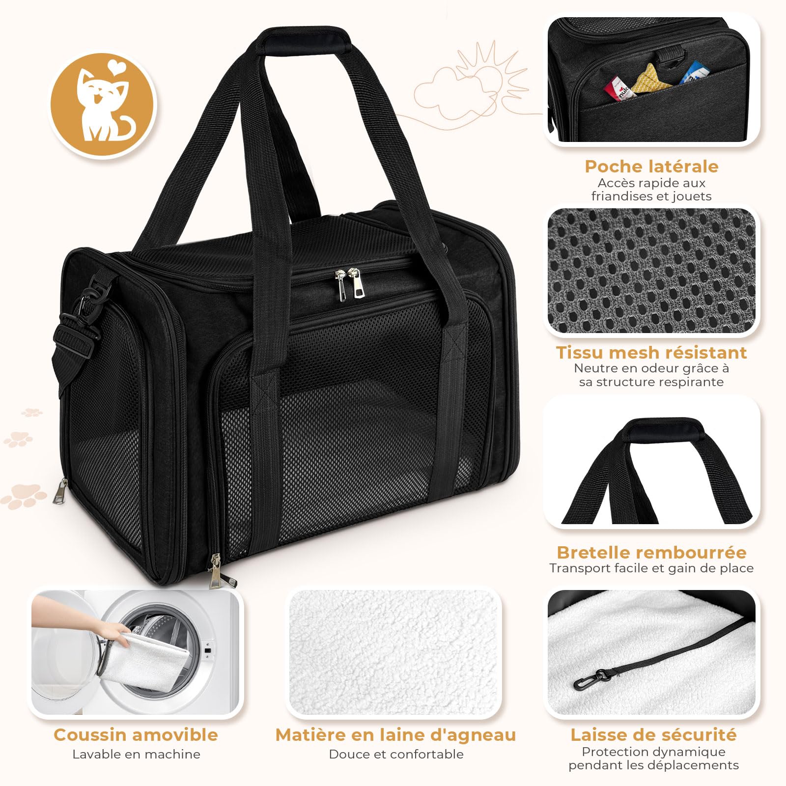 Sac de Transport Chat, Sac Transport Chat Chien avec Matelas Souple, Sac Transport Chien Respirant et Pliable, Caisse de Transport Chat Respirant pour Petit Chien,Chat (Noir, 50x34x34cm)