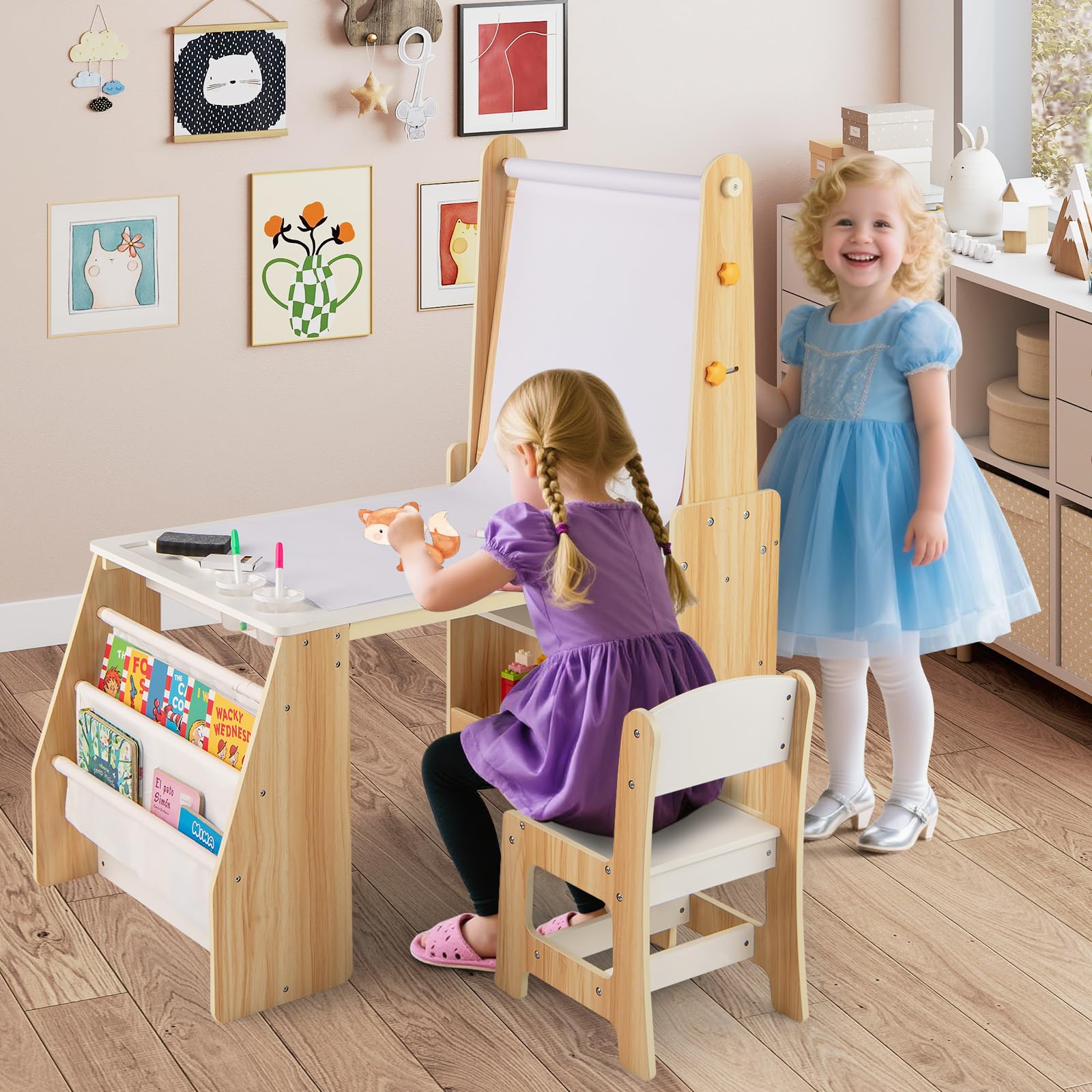 LIFEZEAL Tavolino e Sedia per Bambini, Tavolo da Disegno con Lavagna a Doppia Faccia, Rotolo di Carta, Sacchi Portaoggetti, Sedia Ergonomica con Schienale (naturale)