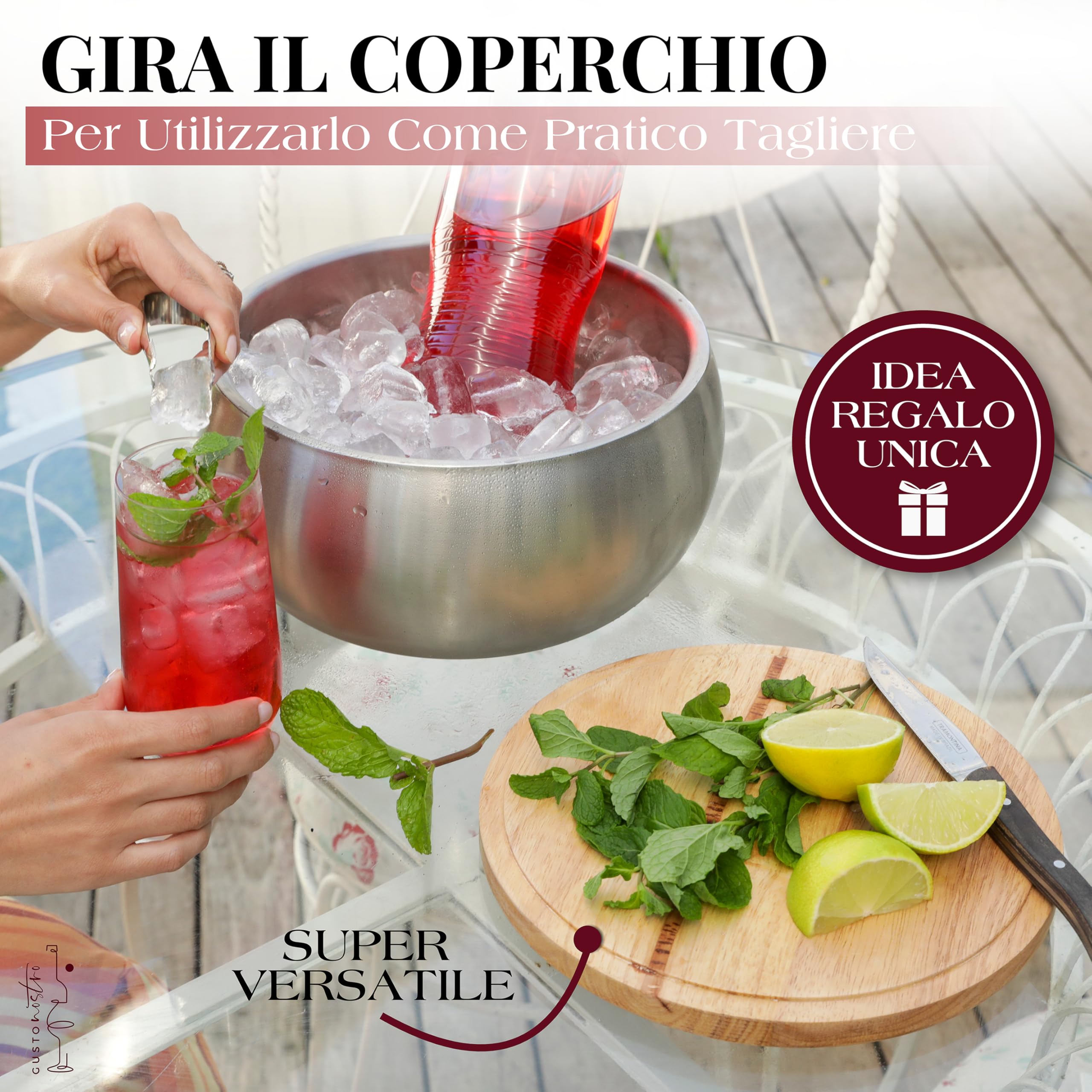 Gusto Nostro Secchiello Ghiaccio ad Isolamento Termico da 4,1L con Coperchio e Pinze, Porta Ghiaccio per Bottiglie a Doppia Parete in Acciaio Inox, Senza BPA, Extra Capienza per Champagne, Vino, Birra