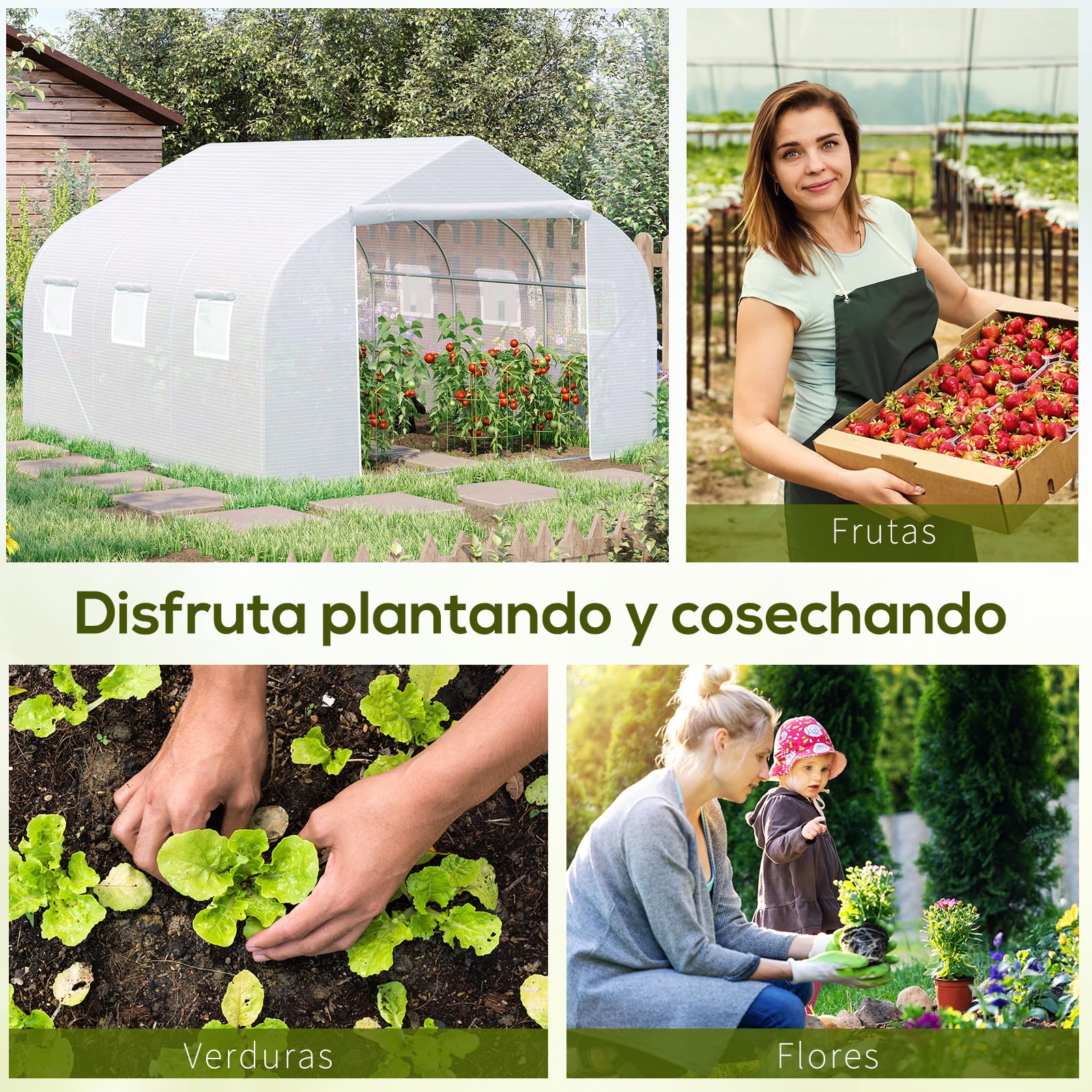 Outsunny Invernadero de Exterior Invernadero de Túnel 4,5x3x2 m Invernadero de Jardín con 6 Ventanas y Cubierta de Polietileno PE 140 g/m² para Plantas Flores Verduras en Patio Blanco
