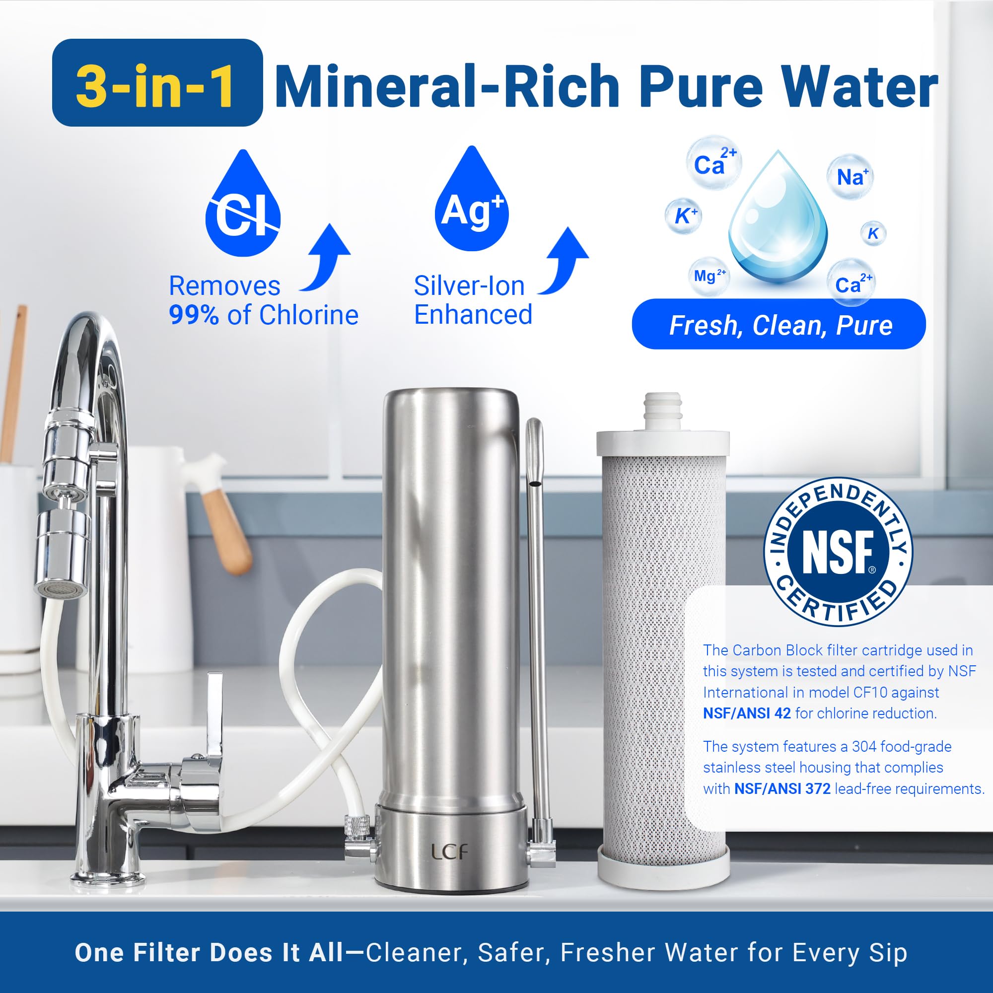 LCF Filtro de agua para encimera, sistema de filtración de agua de acero inoxidable de 5 etapas, reduce los metales pesados, el mal sabor y el 99% de cloro, filtro de agua de grifo de 16,000 galones,
