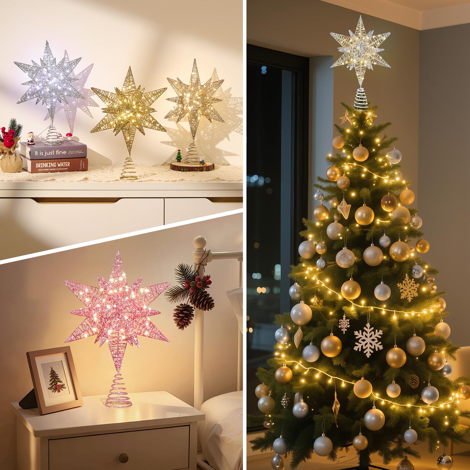 Lewondr Etoile Sapin de Noel, Pointe d'Etoile Hexagonale pour Sapin de Noël Alimenté par Pile/USB avec Lumières LED + Base en Spirale, Decoration Noel pour Maison Salon Chambre Jardin - Argent