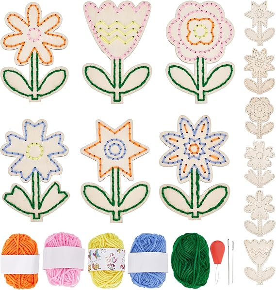 FREEBLOSS 6 Set Flower Wooden Threading Kits Easy Wood