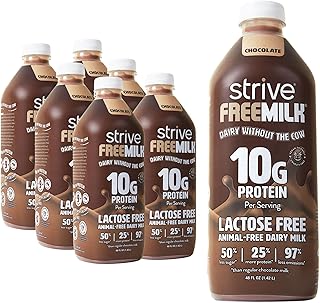 Strive FREEMILK Chocolate, Animal-Free Dairy Milk, 48 oz Carton (Pack of 6), Lactose Free, 10g Protein per Serving, Alt Milk, Shelf Stable, Precision Fermentation, Vegan-Friendly (48oz, Chocolate)