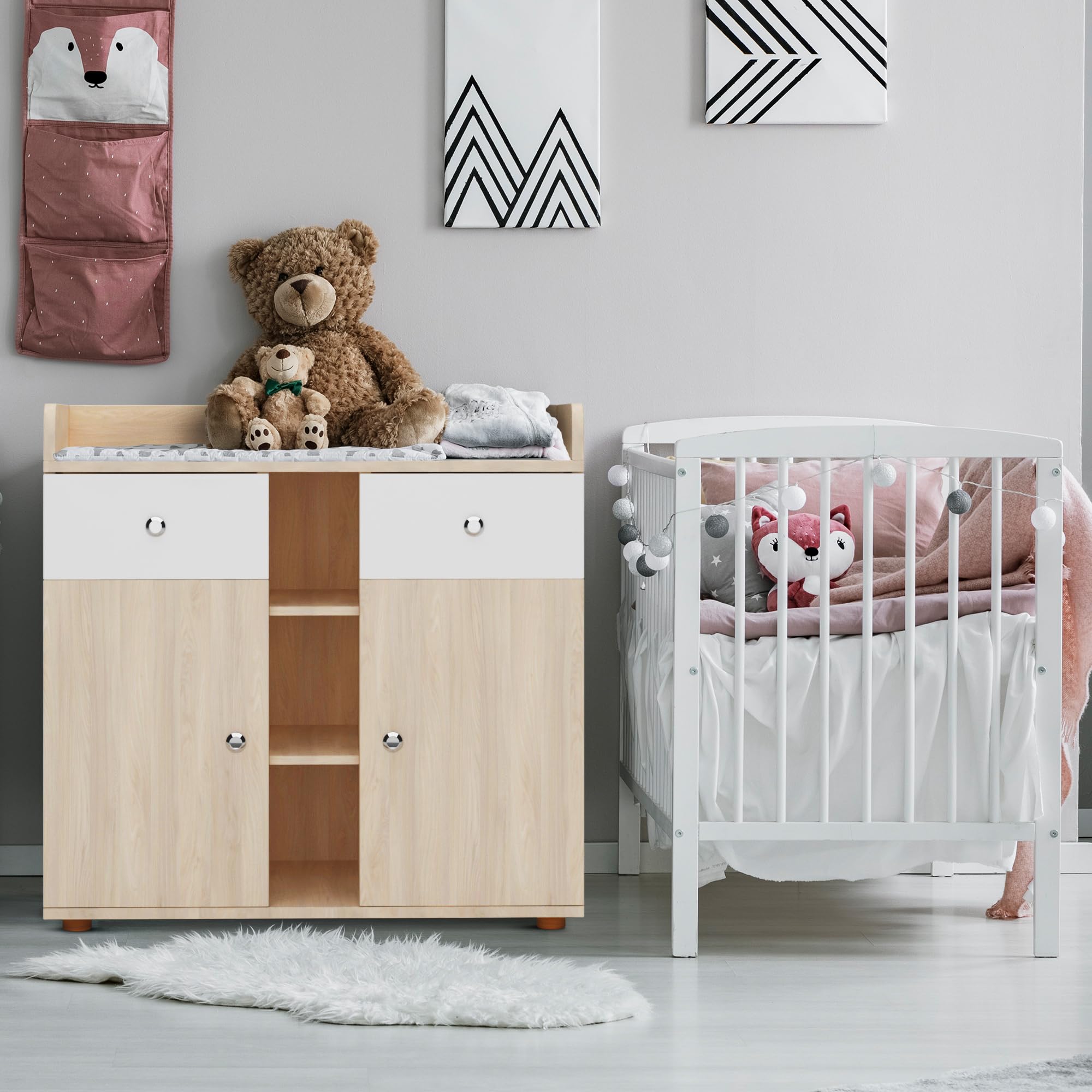 Infantastic® Cómoda Cambiador para Bebé - con 2 Cajones y Compartimentos Abierto y Cerrados, 90 x 69 x 92 cm, Roble/Haya - Cómoda Infantil, Organizador, Mueble para Habitación de los Niños (Haya)
