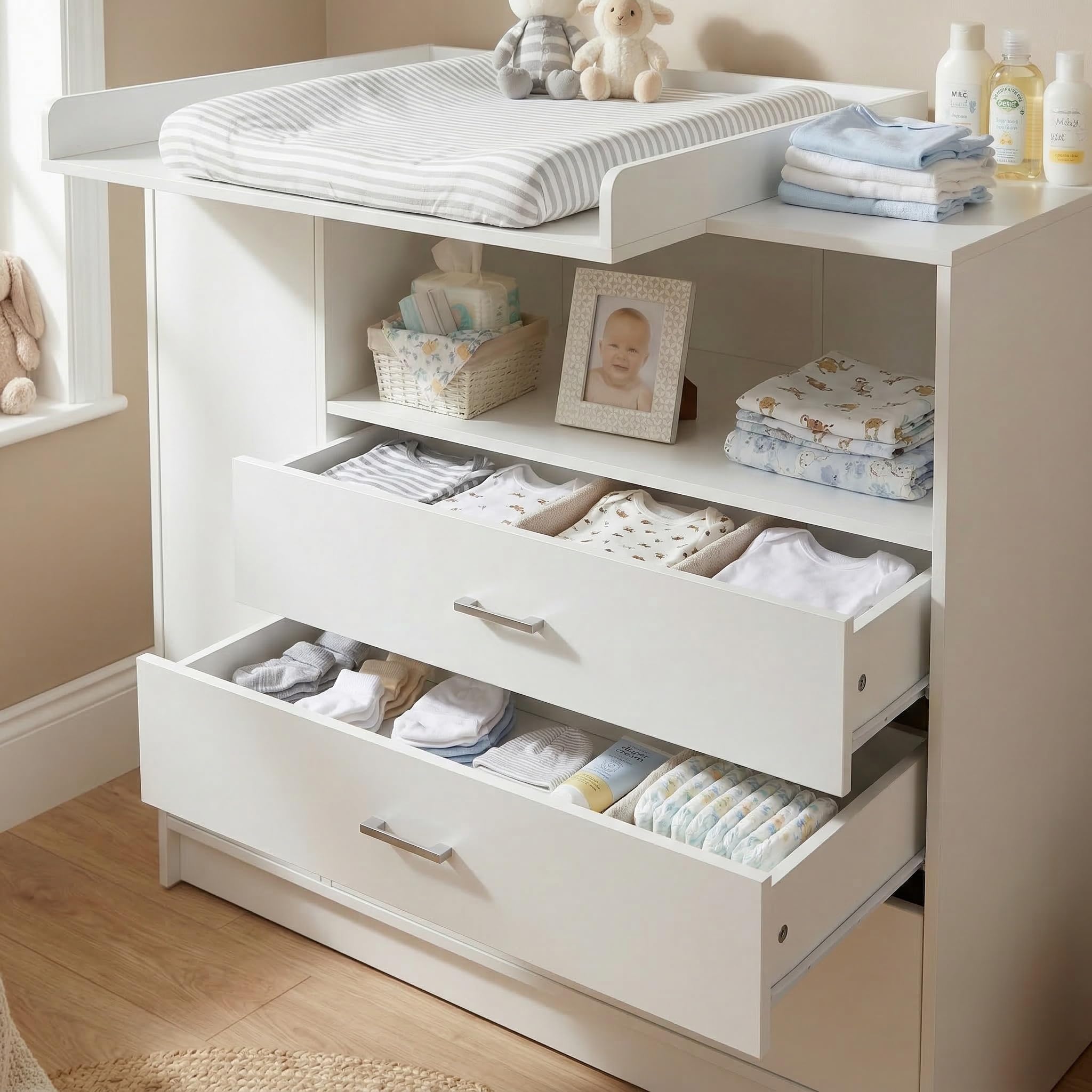 ecomi Cómoda Cambiador para bebé en Madera con Plan de Cambiar, 3 cajones, 1 puerta, Altura 100 cm, Color Blanco, Dimensiones 113x100 cm, tiradores cromados