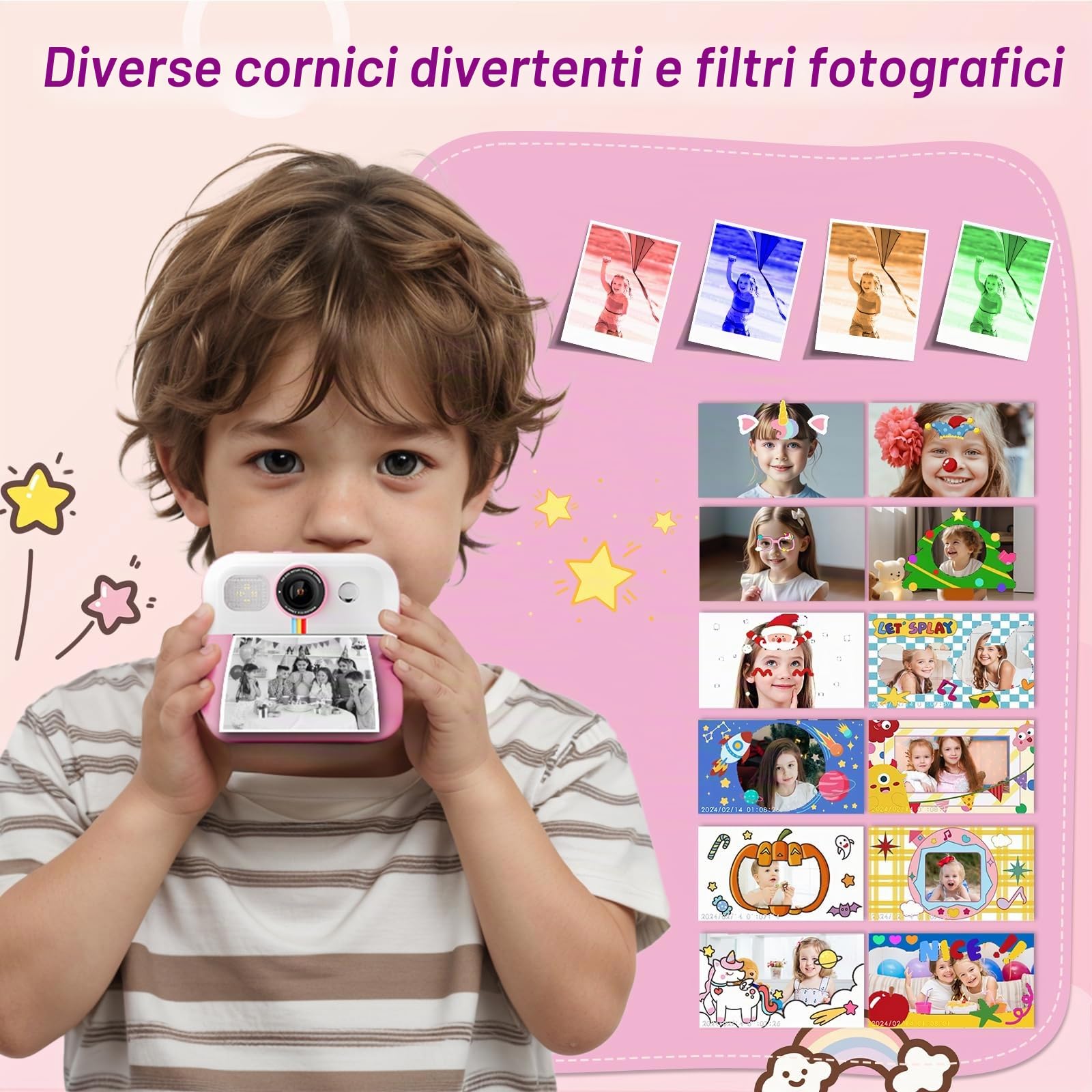 Macchina Fotografica Bambini Istantanea, 2,4 Pollici 1080P Fotocamera Bambini Selfie con Carta da Stampa e 32GB Scheda, Giocattolo Regalo di Natale Bambino e Bambina 3 4 5 6 7 8 Anni (Rosa)