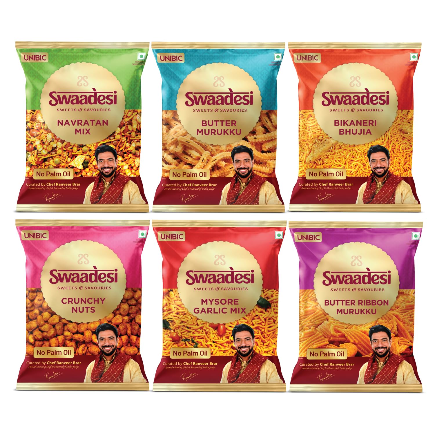 Unibic Swaadesi Assorted Namkeen| Pack of six|Unibic No Palm Oil Bikaneri Bhujia| Crunchy Nuts| Navratan Mixture| Butter Murukku| Butter Ribbon Murukku| Mysore Garlic Mix