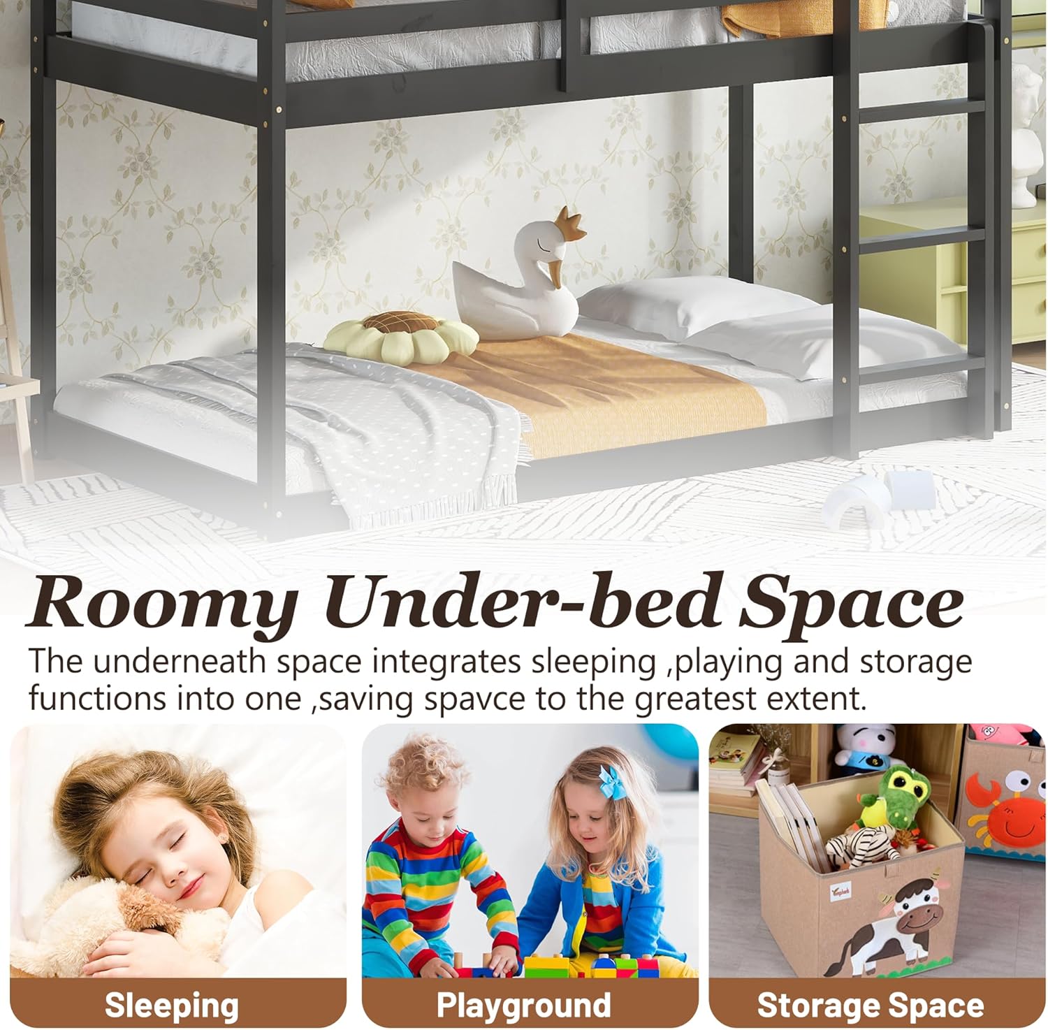 House Bunk Beds Twin Over Twin,Rubber Wood Tree House Bunk Bed for Kids,Floor Bunk Bed Frame with Roof and Guardrails for Baby Girls Boys,Black