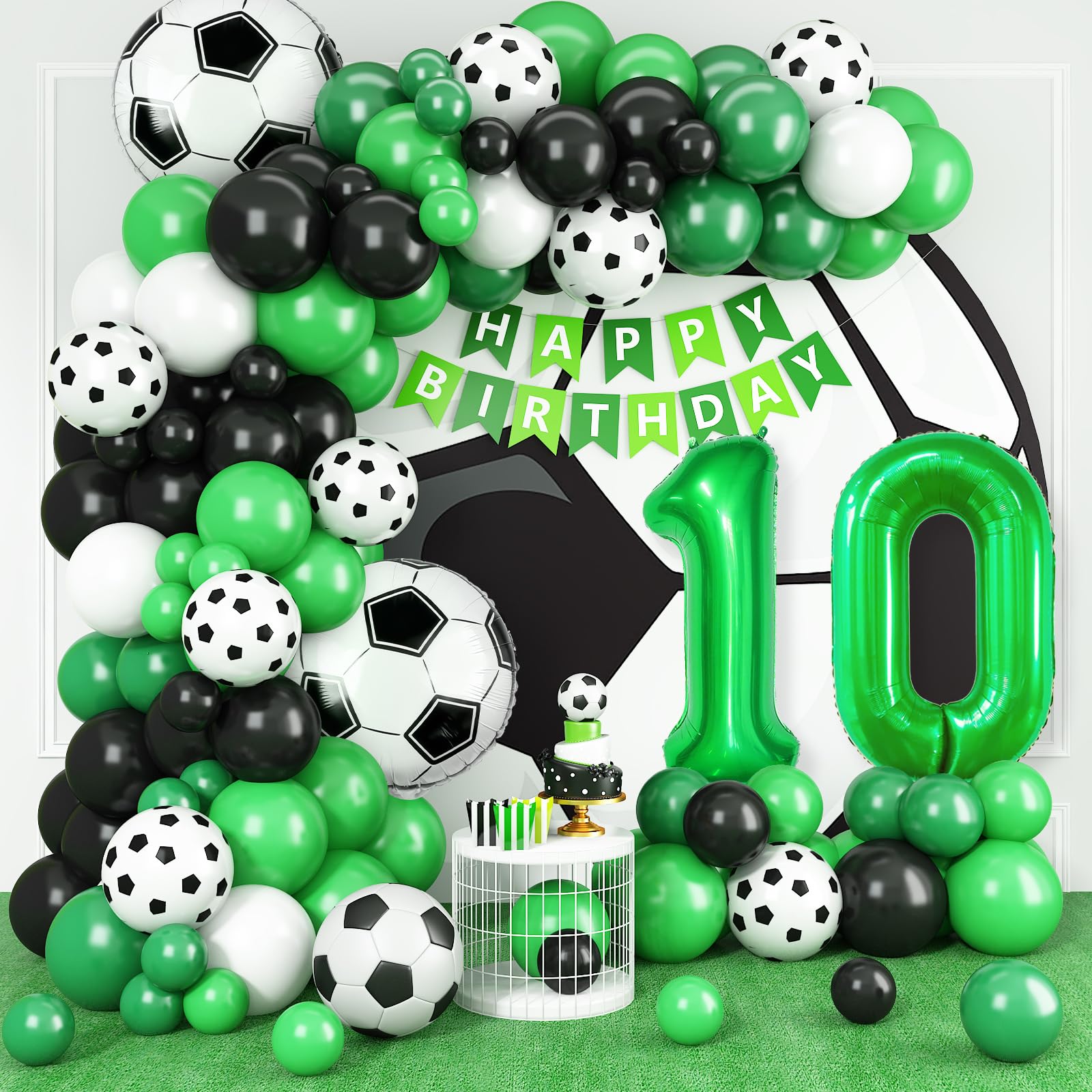 10th Birthday Soccer Balloon Arch,10th Soccer Garland Kit with Green Number 10 Balloon Football Balloons for Boys Kids 10 Birthday Party Decorations