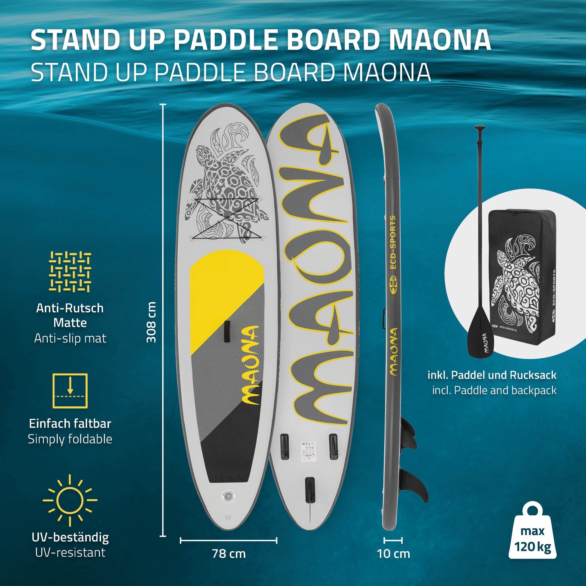 ECD Germany Aufblasbares Stand Up Paddle Board Set Maona Türkis/Schwarz/Rosa/Grau/Olive, 308 cm, aus PVC, Alu-Paddel, Komplettset, SUP Board Paddling Board Paddelboard Surfboard Surfbrett Paddelbrett