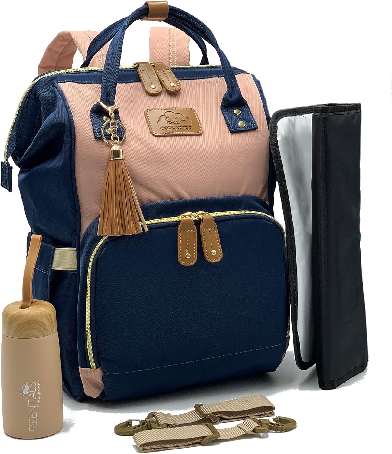 Babykargo Diaper Bag Backpack, Large Capacity, Shower gift, Water Resistant, Tote, Travel Bag & FREE Accessories (Navy-Pink)