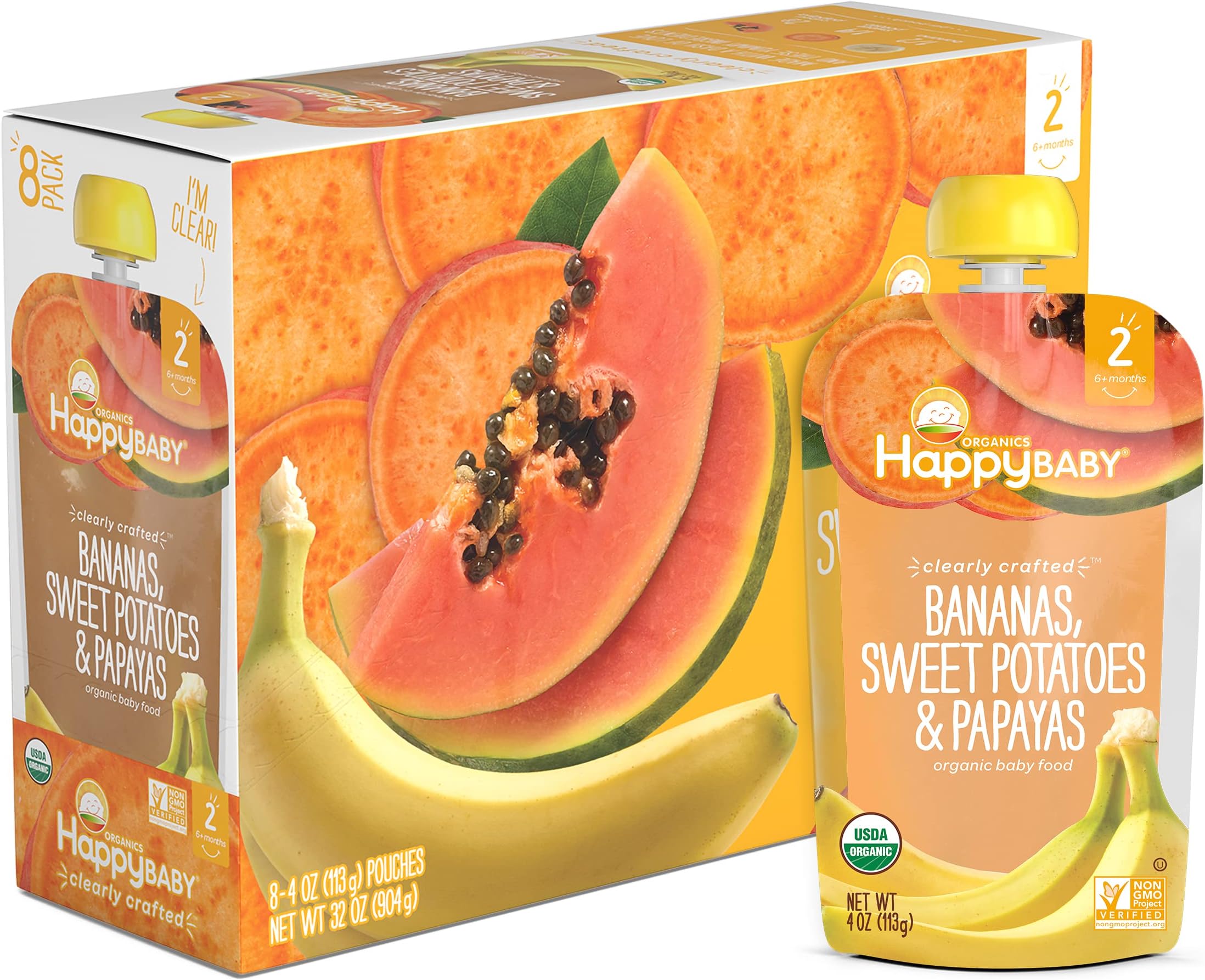 Happy Baby Organics Stage 2 Baby Food Pouches, Gluten Free, Vegan & Healthy Snack, Clearly Crafted Fruit & Veggie Puree, Bananas, Sweet Potatoes & Papayas, 4 Ounces (Pack of 16)