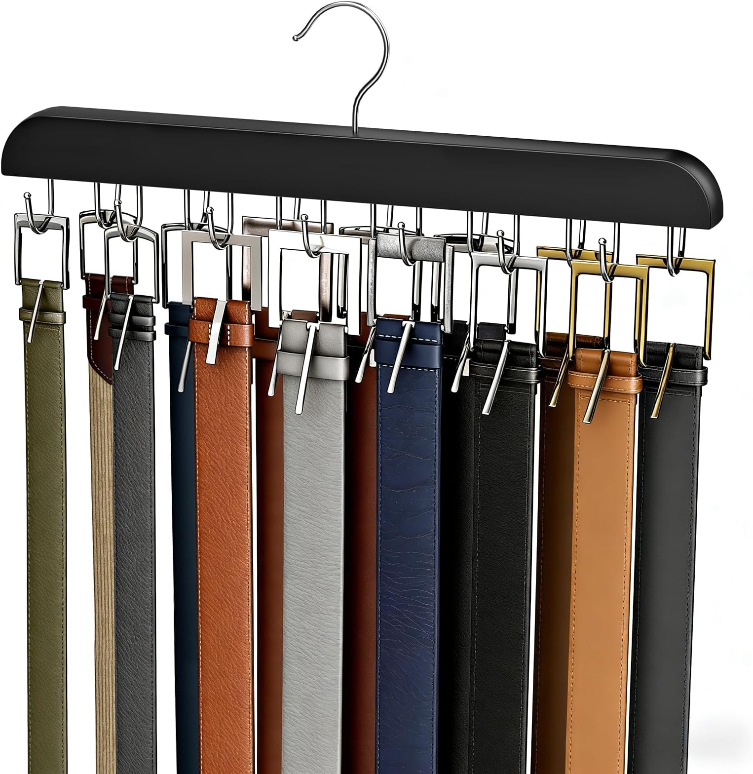 Resovo Belt Hanger for Closet Max 42 Belts, Belt Organizer Closet Accessories with 14 Hooks Belt Rack Sturdy Wood for Closet Organizers and Storage -Black 1 Pack
