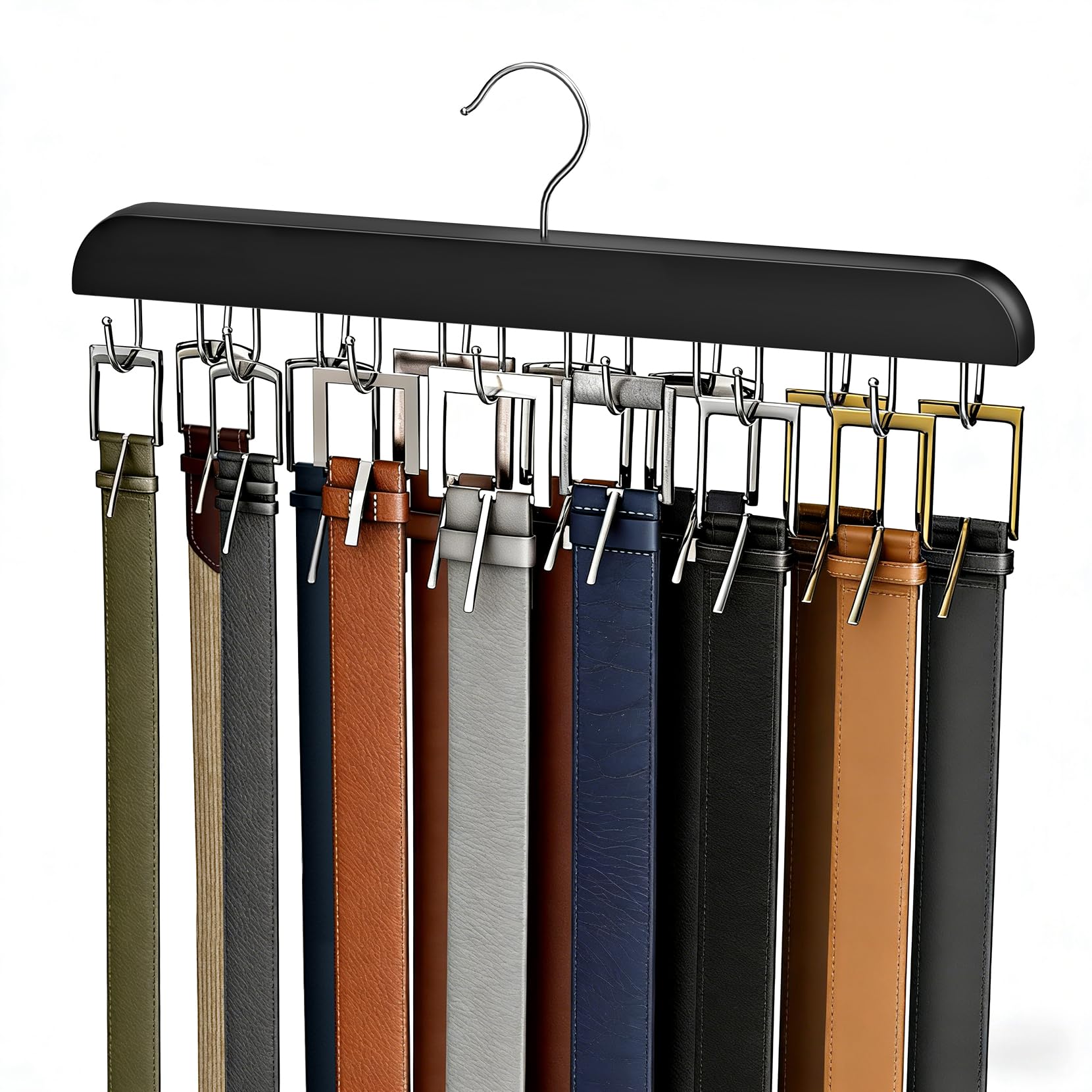 Belt Hanger for Closet Max 42 Belts, Belt Organizer Closet Accessories with 14 Hooks Belt Rack Sturdy Wood for Closet Organizers and Storage -Black 1 Pack