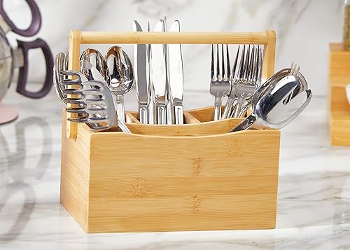 Miniatura 5 de RoyalHouse Soporte y organizador de utensilios de bambú natural para encimera de cocina, cesta de picnic de bambú con mango plegable para viaje de