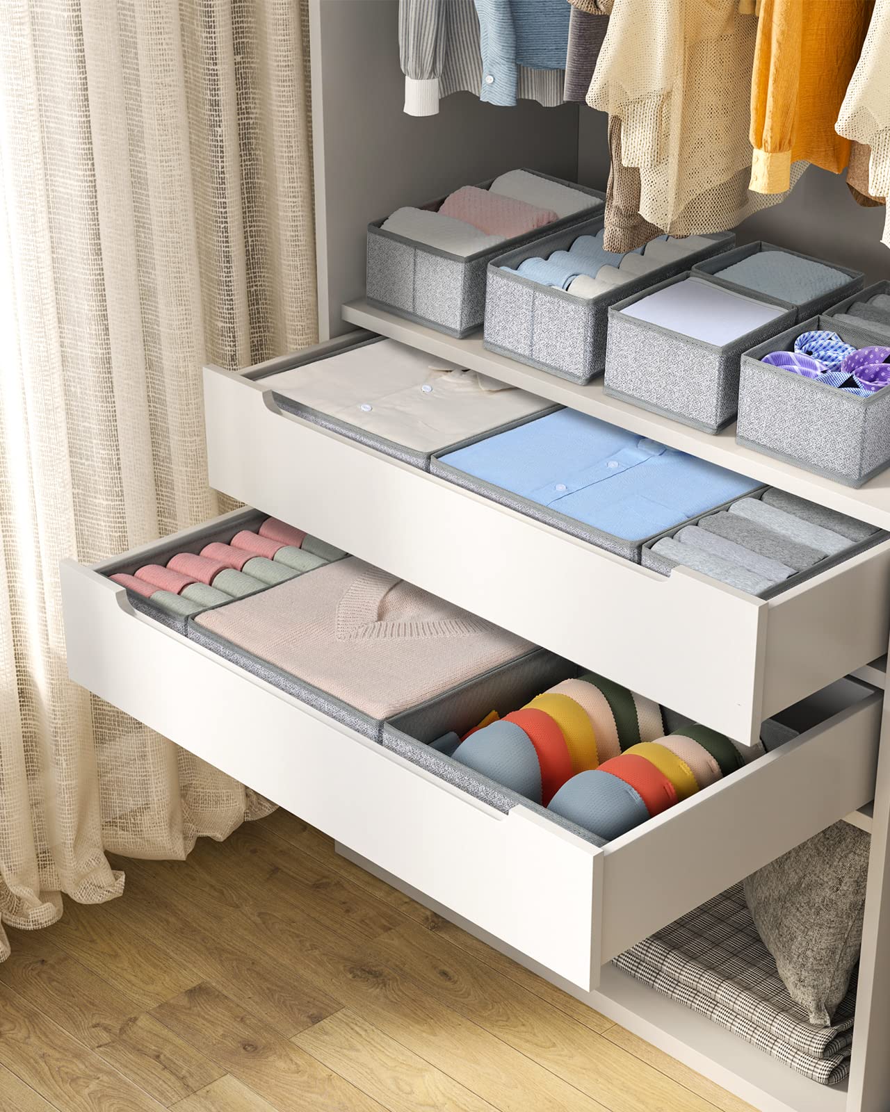 DIMJ Organizer Cassetti, 12 Pcs Non Tessuto Cassetto Organizer, Divisori per Cassetti, Scatola di Immagazzinaggio Pieghevole, Texture Grigio Chiaro